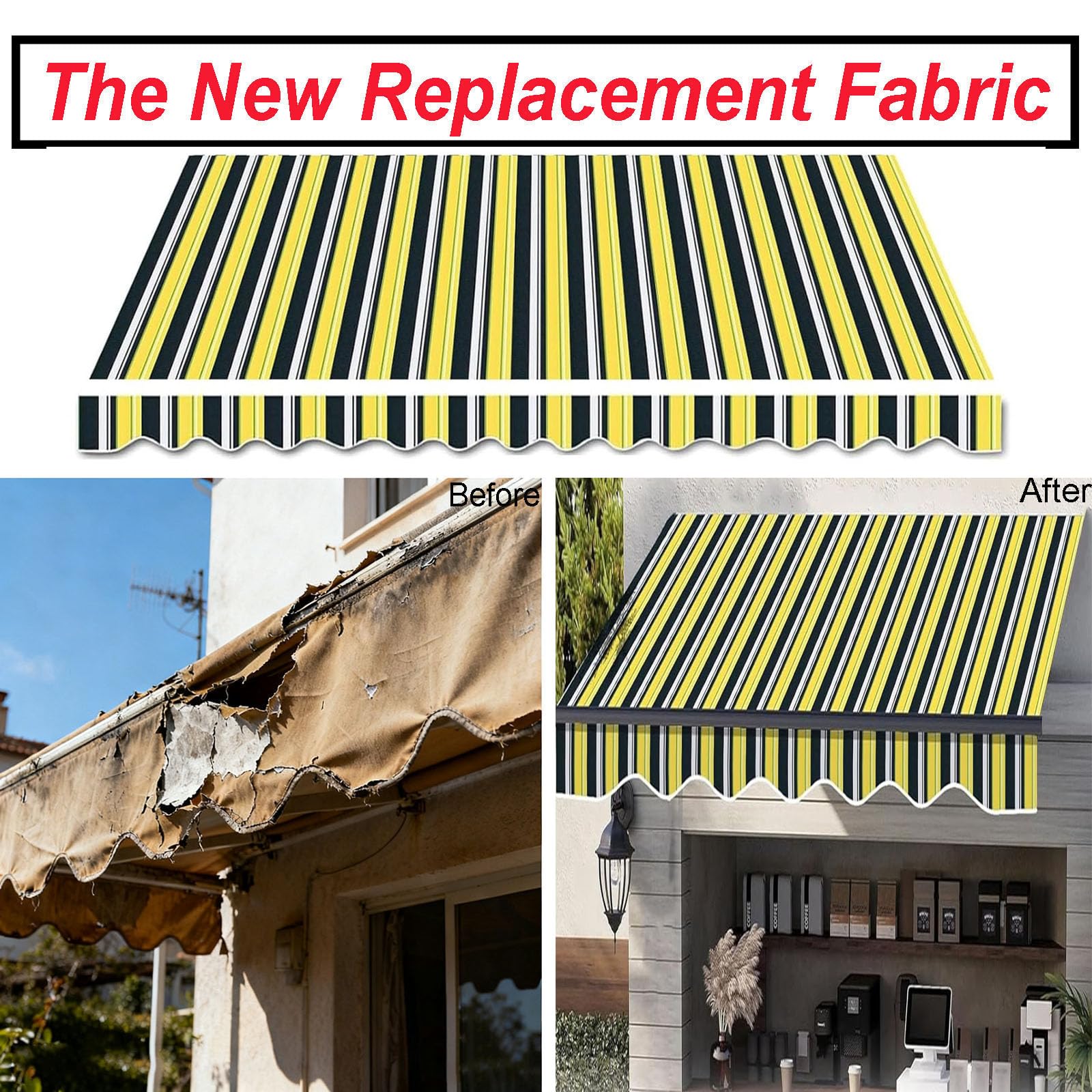 Toile de rechange rétractable pour auvent de porte de terrasse, abri de soleil, tissu de rechange en polyester imperméable pour magasins, jardin (taille : 4,6 x 3,4 m, couleur : rayures jaunes)
