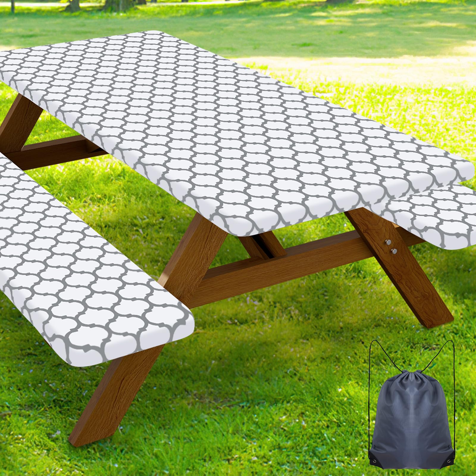 Smiry Picnic Table Cover with Bench Covers, Waterproof Elastic Fitted Tablecloth for 5 Foot Tables, Washable Polyester Tablecloths for Camping, Indoor &amp; Outdoor (White, 30x60 Inch 3-pc Set)