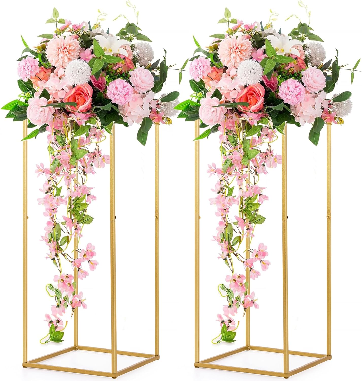 HPC Decor Wedding Centerpieces Gold Vases - 2 Pcs 31.5 inch Tall Column Flower Stand Metal Floor Vase Geometric Centerpiece Stands, Rectangular Flower Display Rack for Party Table Home Decor