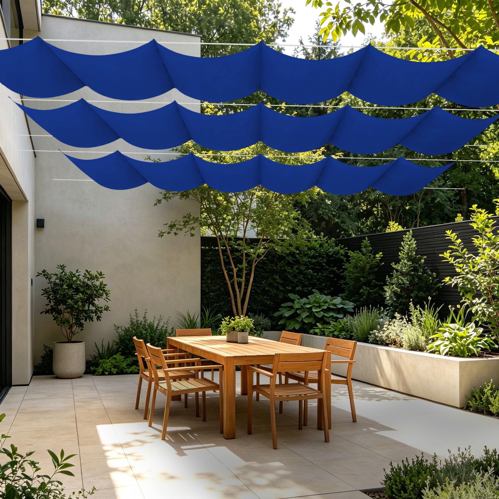 Toile ombrage rétractable vague bleu foncé pour sublimer votre jardin