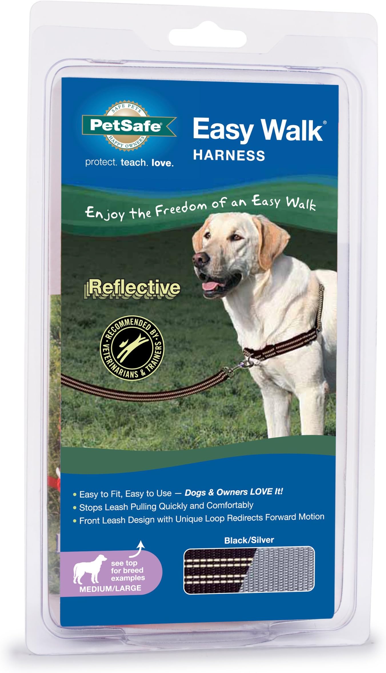 PetSafe Reflective Easy Walk Dog Harness, Medium/Large, Black/Silver