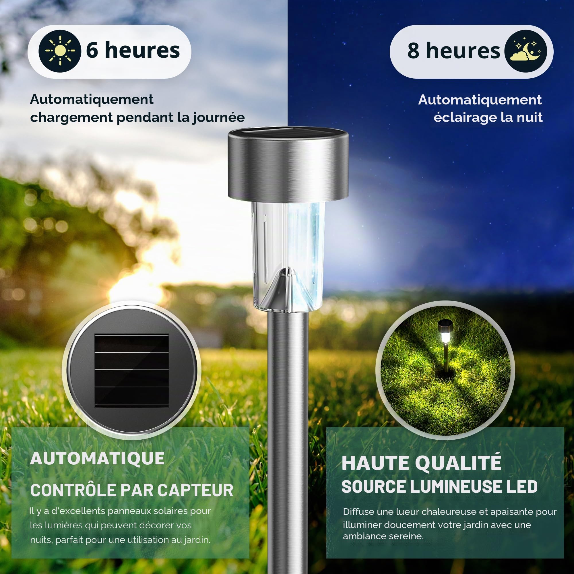 GIGALUMI Lampe Solaire Extérieur, Lampe Solaire Extérieur Jardin,Étanche Lumière Solaire Extérieur pour Terrasse, Pelouse, Jardin, Allée, Chemins, Acier Inoxydable,Lot de 12,Blanc