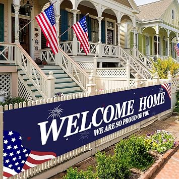 Welcome Home Banner White and Blue Homecoming Backdrop - We Are So Proud of You - for Returning and Military Army Homecoming Party Supplies and Decor 71" x 15.7"