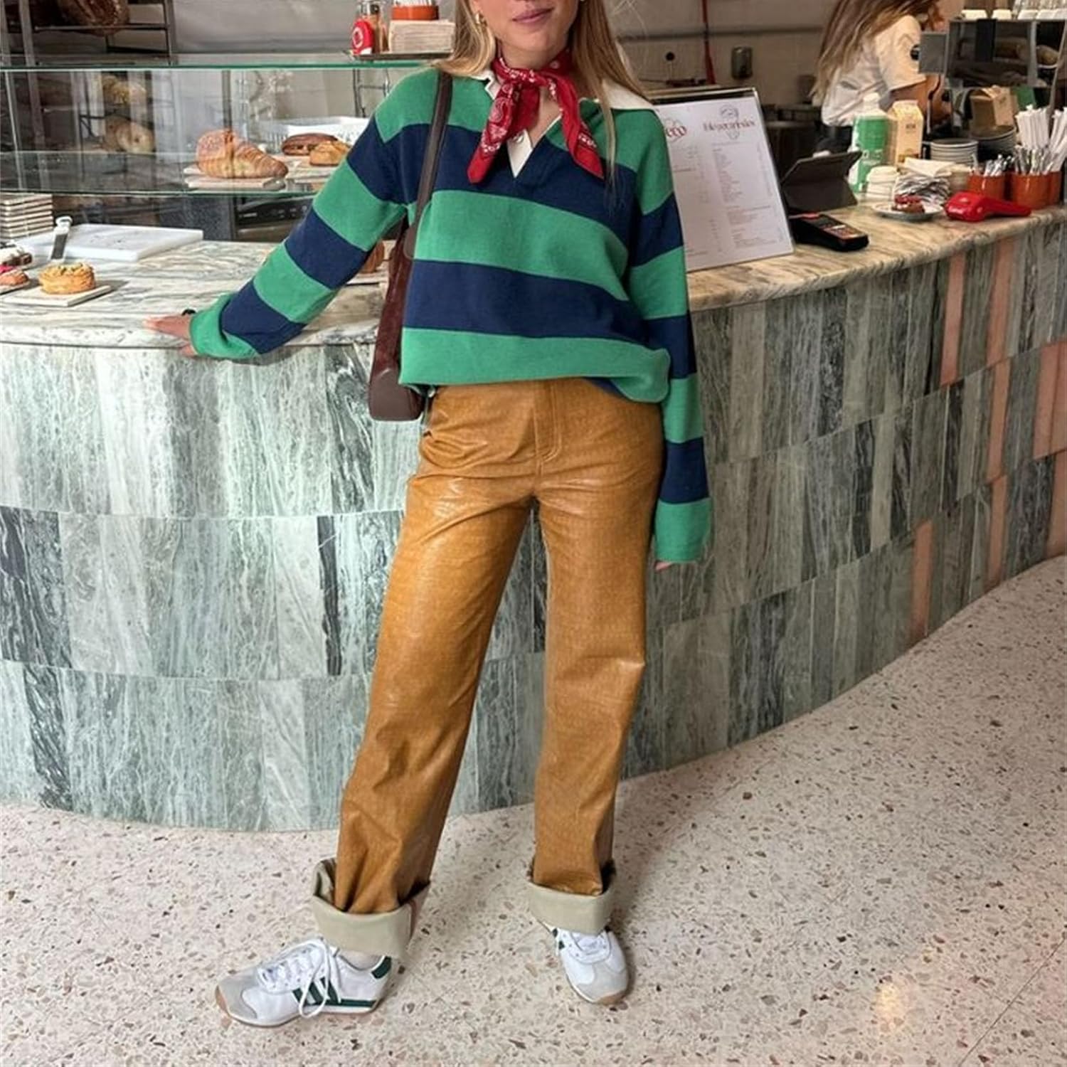 Women Y2k Rugby Shirt Striped Print Long Sleeve Lapel V Neck Button Loose Fit Polo Top Casual Color Block Sweatshirt - Image 4