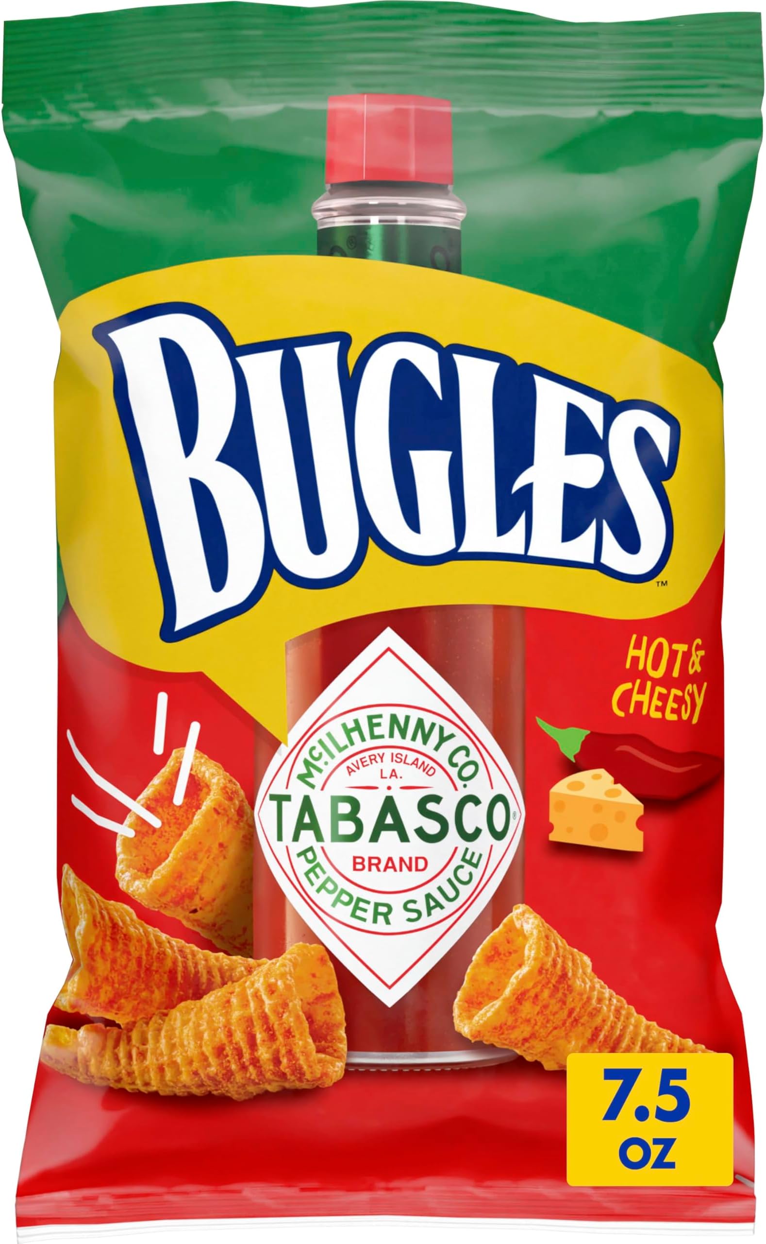 Bugles Tabasco Flavored Crispy Corn Snacks, Hot and Cheesy, 7.5 oz