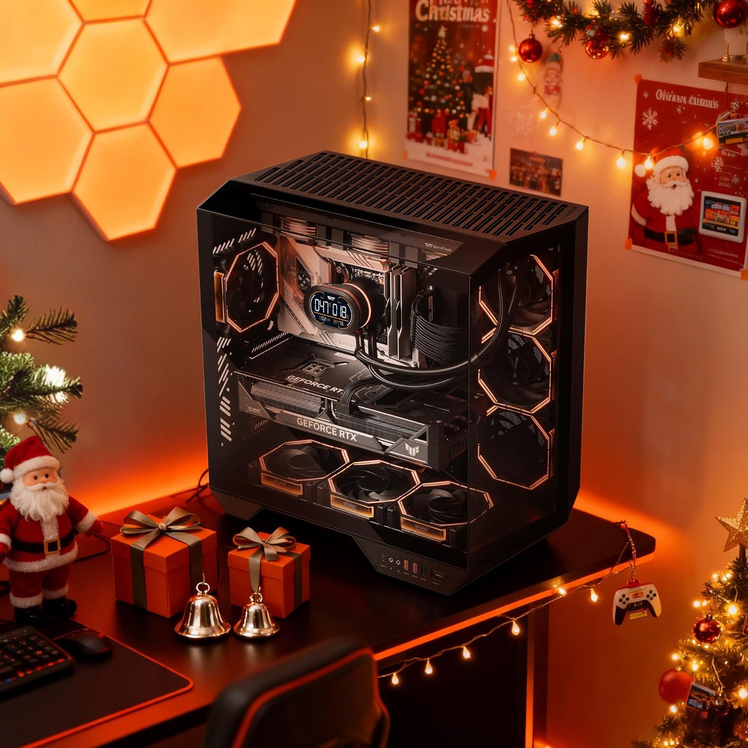 darkFlash Full-Tower ATX Gaming PC Case, Back Plug-in Motherboard, Vertical GPU Mounting, Dual-Chamber, Panoramic Glass, Up to 2 x 360mm Radiators, RTX 40 Compatible(DY470) (4 PWM ARGB Fans, Black)