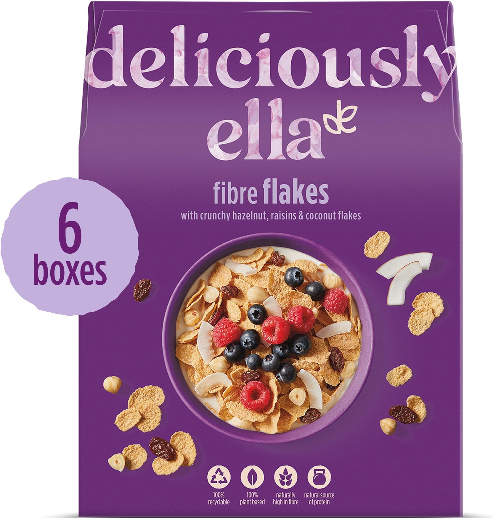 Deliciously Ella - Fibre Flakes, Gluten-Free, Vegan Friendly, Healthy Breakfast, 350g (6 Boxes)