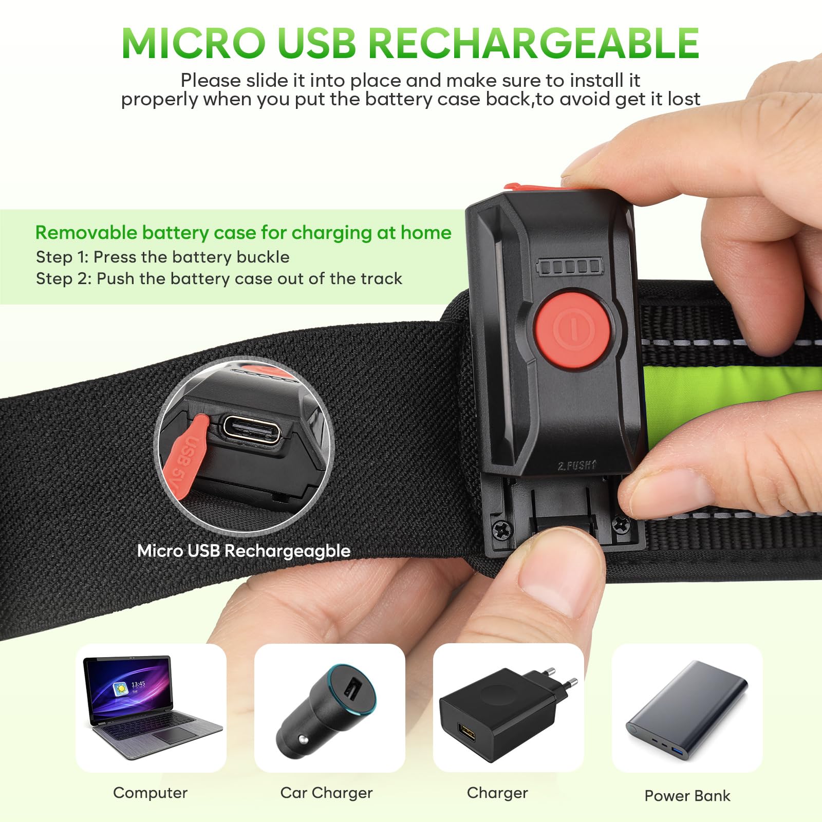 Llumifun - Cinturón LED para correr, cintura LED recargable por USB, cinturón de seguridad con luz para correr, trotar, ciclismo, campamento, caminar (verde) 4