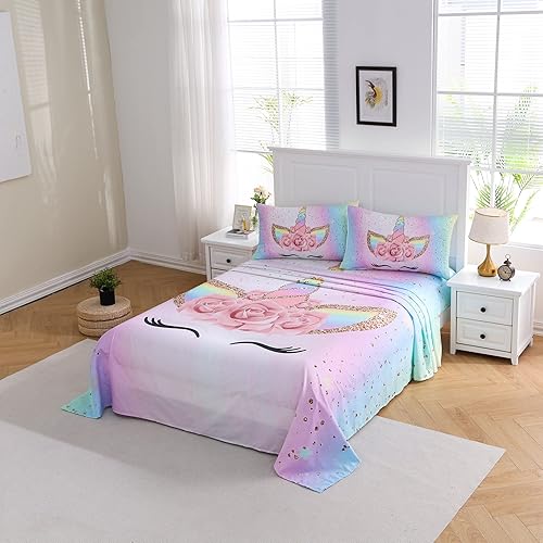 Miniatura 3 de NVOART Juego de ropa de cama de 5 piezas con diseño de flores de unicornio, tamaño individual, incluye 1 edredón, 1 sábana bajera, 1 sábana encimera