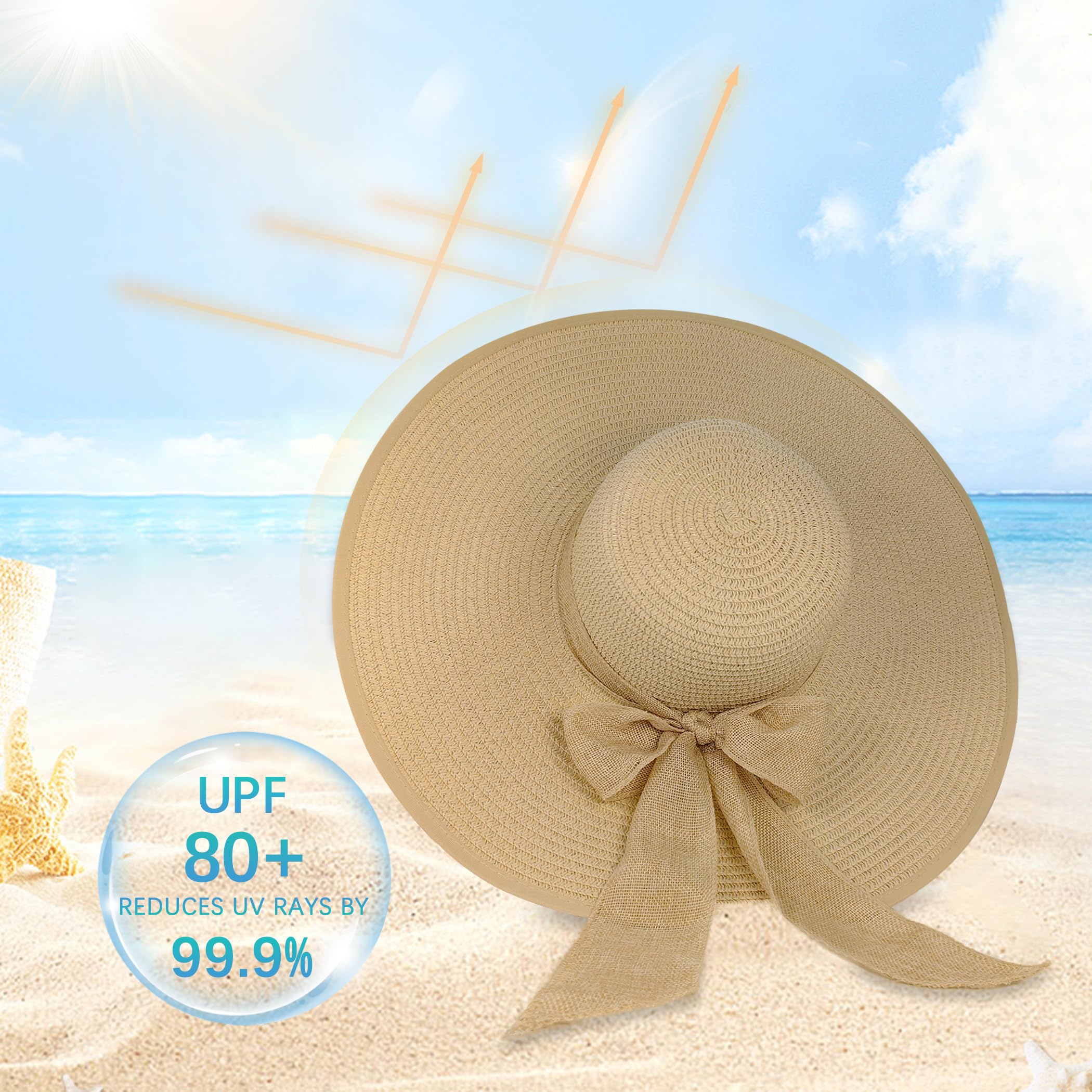 Womens Sun Straw Hat, Wide Brim UPF 50 Summer Hats Foldable Packable Floppy Beach Cap for Women U-Y-X8M (US, Alpha, One Size, Cream White)