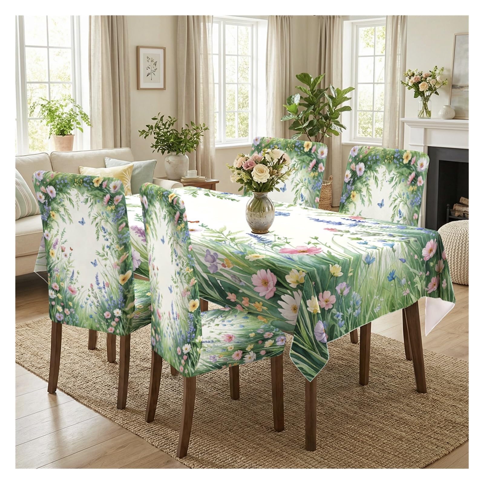 BOSUYBN Spring Wild Meadow Flower & Butterfly Print Dining Tablecloth & Chair Covers Set, 5/7 Piece Fresh Garden Cottage Dining Decor Table Setting(5pcs Set: Tablecloth+Chair Covers)