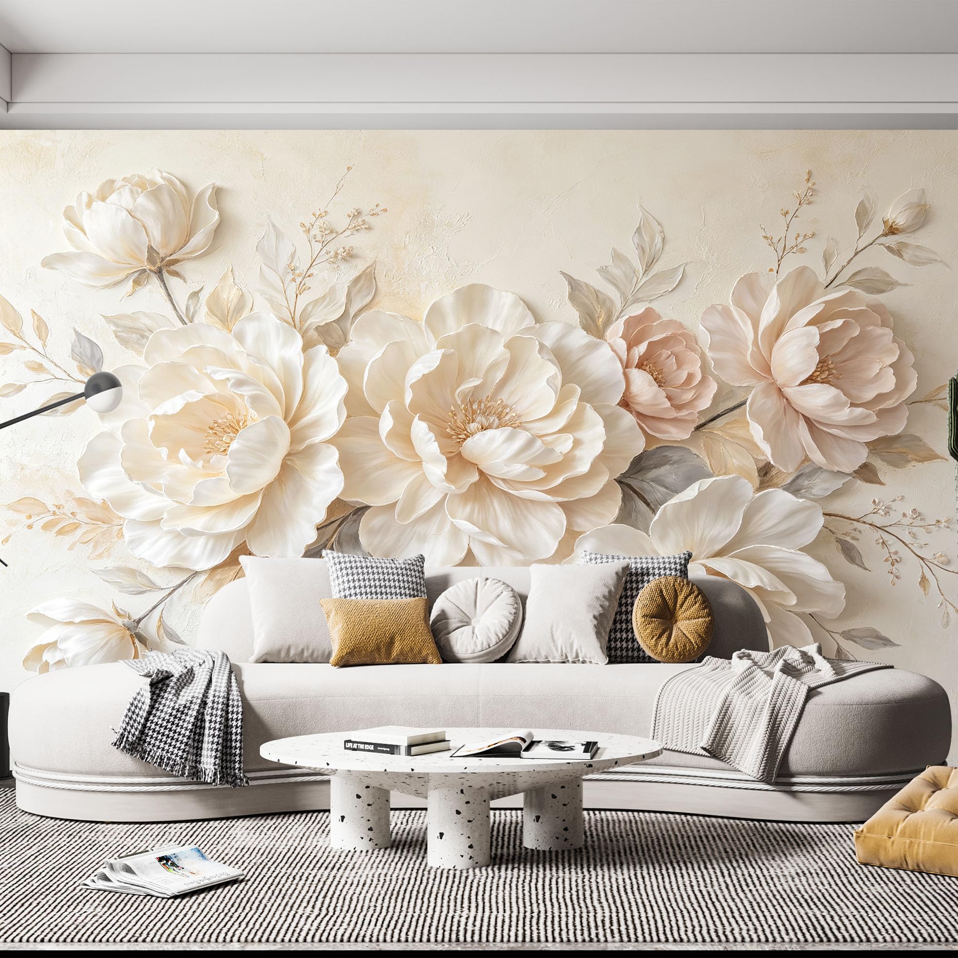 Duża biała piwonia kwiat fototapeta elegancka kwitnąca kwiatowa tapeta z włókniny nowoczesna luksusowa warstwowa płatek botaniczna fototapeta 200 x 140 cm kremowy beżowy cecha ściana do salonu