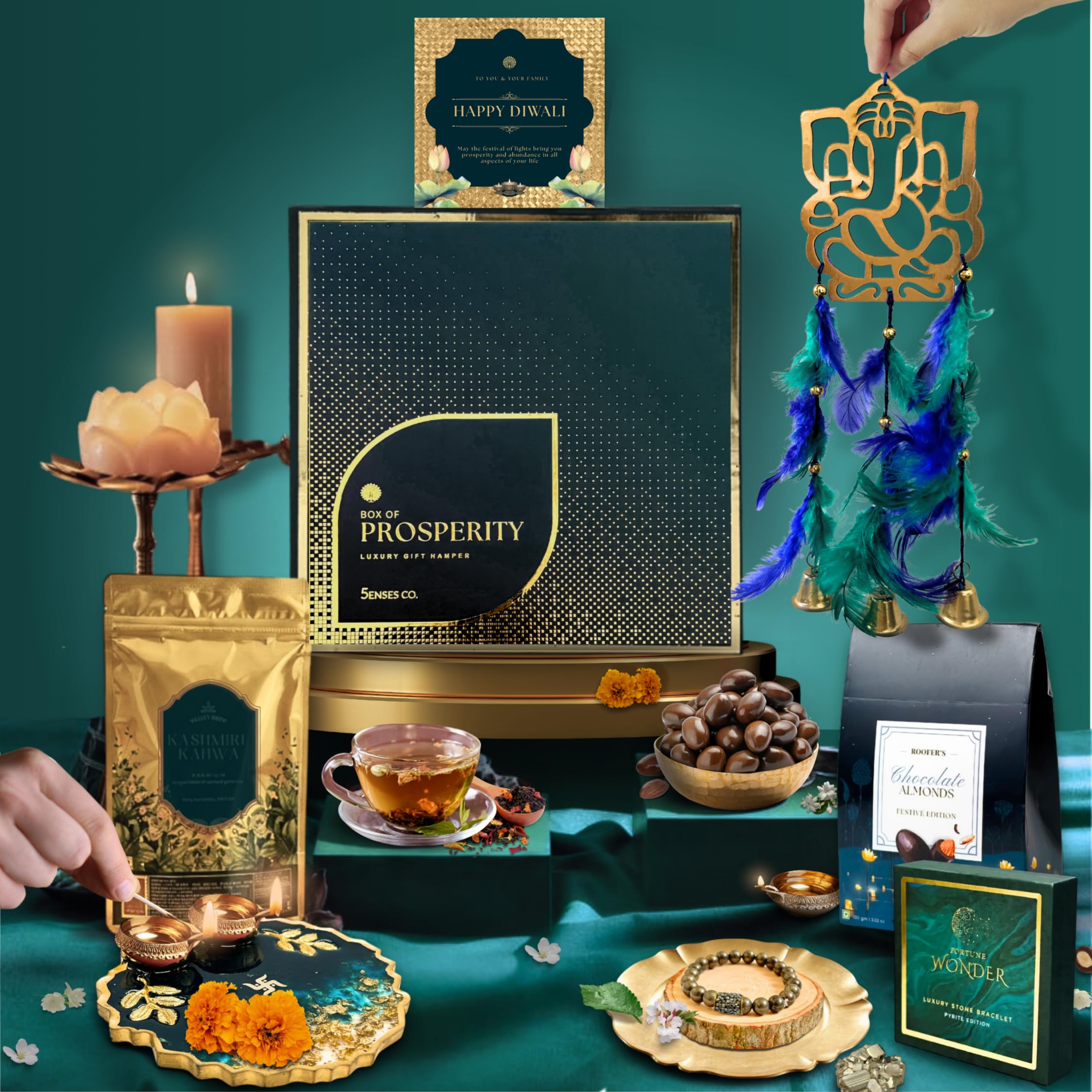 5 Senses Co. Prosperity Diwali Gift Hamper | Premium Festive Gift Box with Chocolate Almond Dry Fruits, Kashmiri Kahwa Tea Chai, Ganesh Ji, Pyrite Stone, Resin Pooja Thali | Diwali Gift Items for Corporate, Family and Friends, Employees, Clients, Ready-to-Gift Packaging
