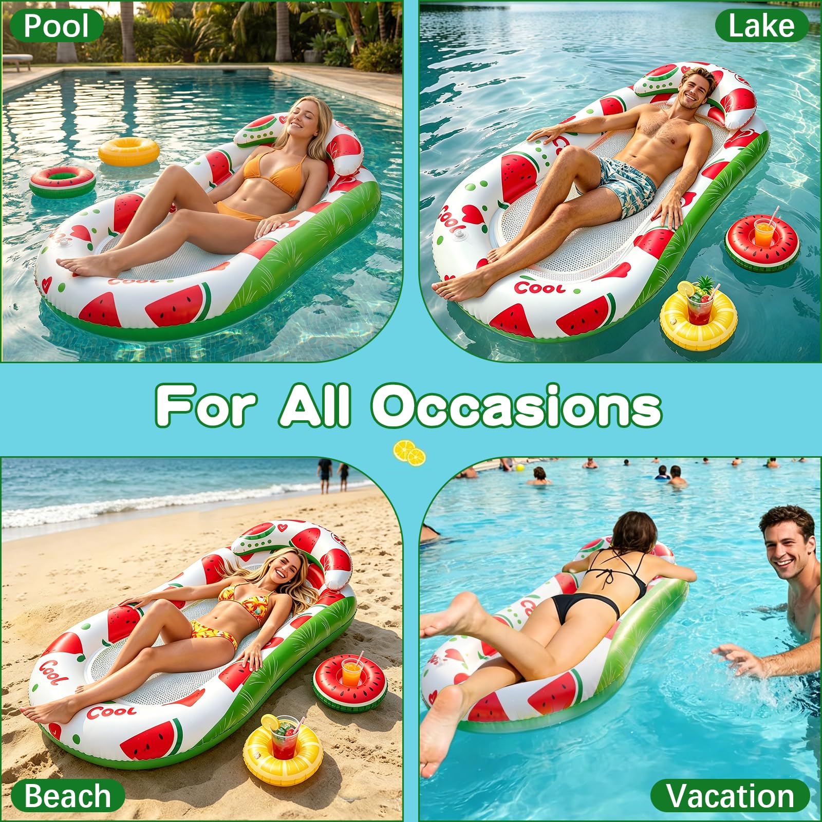 Pool Floats Adult, Inflatable Mesh Pool Float with Headrest and 2 Drink Holder, Tanning Pool Lounger Float with Pillow - Image 6