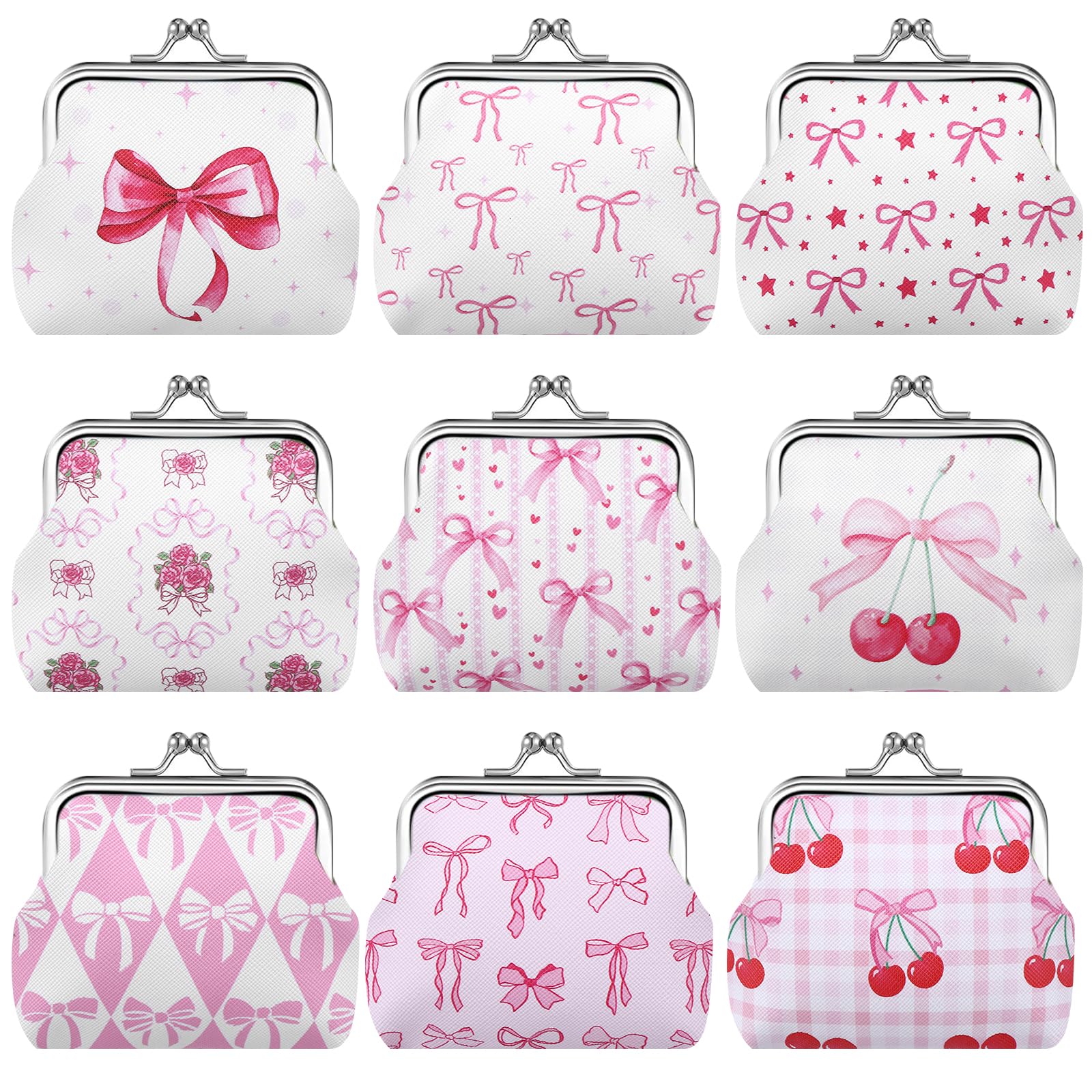 9 Pcs Pink Bow Coin Purse Bulk for Women Mini Kiss Lock Change Purses Inspirational Vintage Cute Travel Pouches Wallet Bag for Ladies Mother Teacher Colleague Gifts