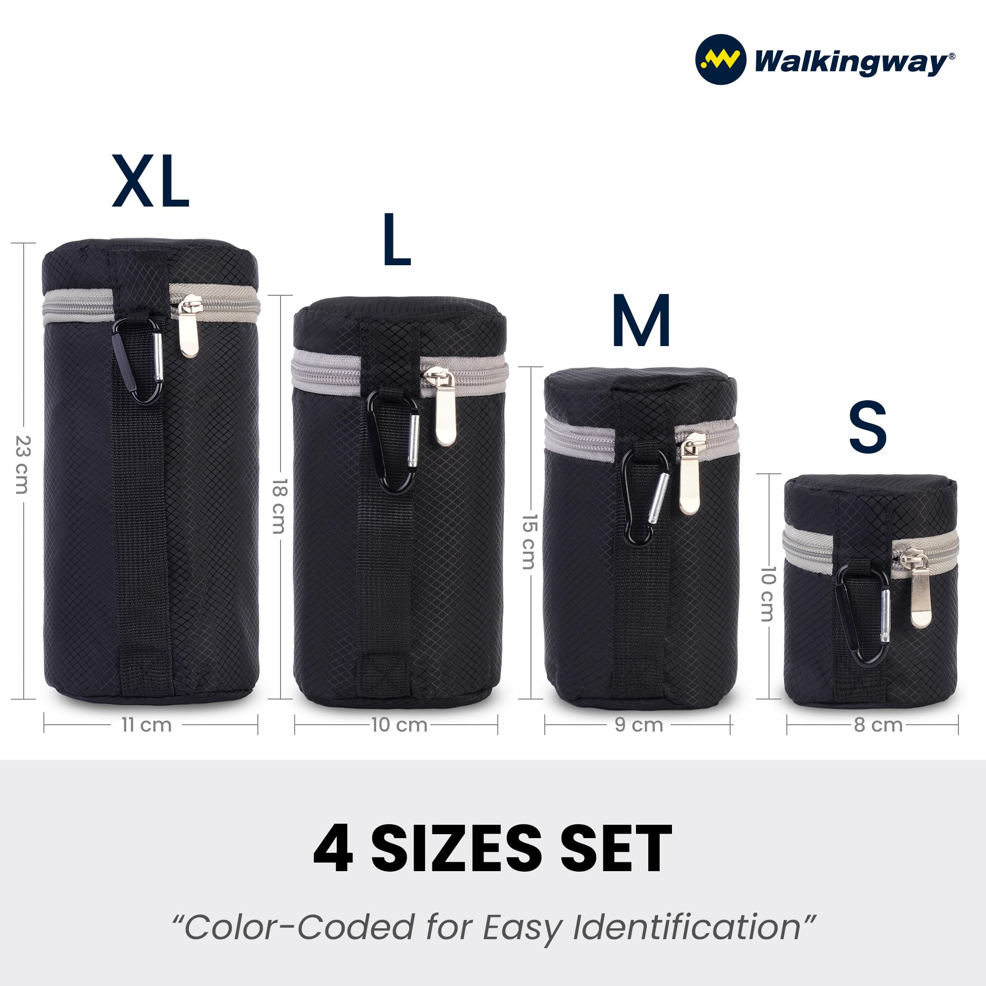 Walking Way Set da 4 Custodie per Obiettivi Antiurto, Custodie in Neoprene da 5 mm con Codifica a Colori per Obiettivi DSLR, Archiviazione Compatta con Clip da Cintura e Chiusura a Zip (S–XL)
