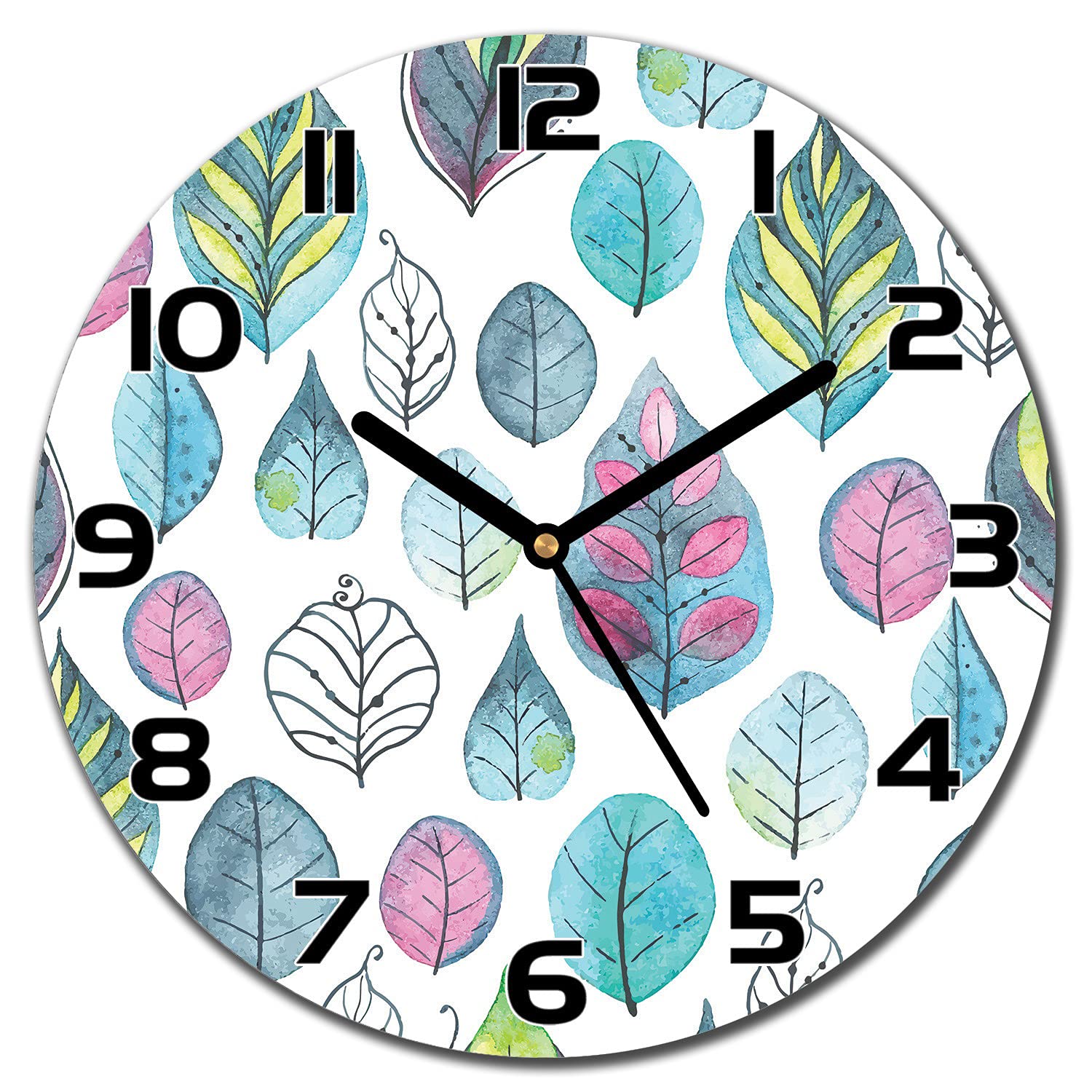 Horloge en verre 30 cm de Coloray avec aiguilles noires et motif de feuilles pour la cuisine