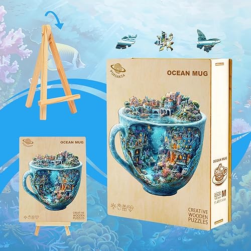 Miniatura 7 de Rompecabezas de madera para adultos, rompecabezas de madera con taza del océano para adultos, rompecabezas de madera con formas únicas para adultos,