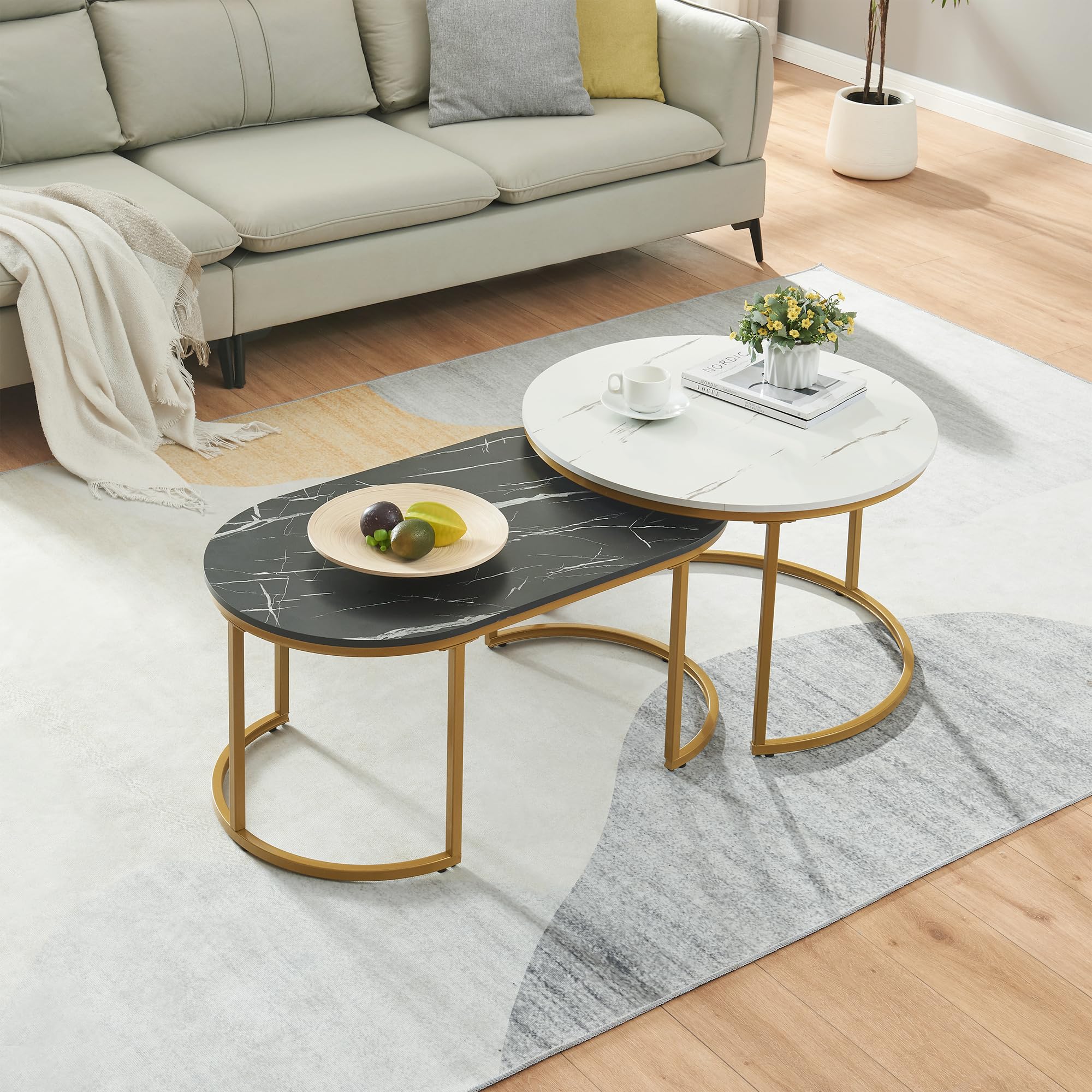 [en.casa] Set de 2 Tables Basses Gigognes de Tailles Différentes Tables d'Appoint Empilables Bout de Canapé Robuste Design Intemporel pour Salon Séjour Bureau Acier MDF Aspect Marbre Blanc Noir Or