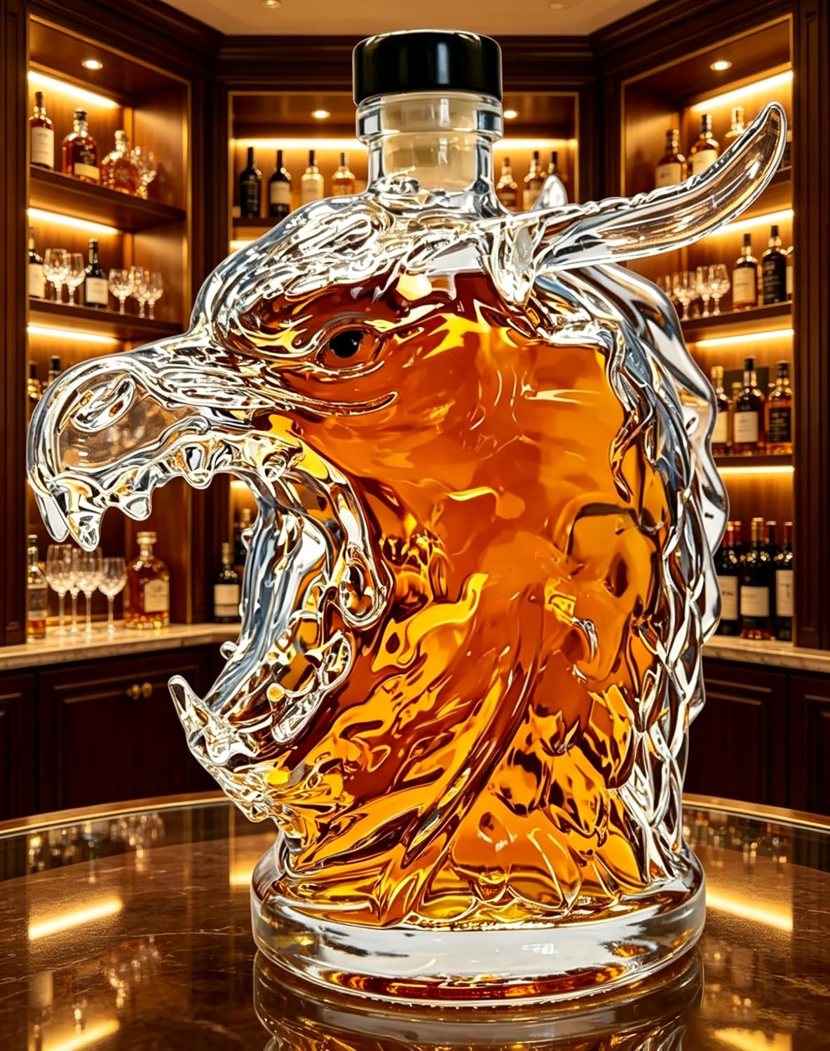 cute dragon head shaped whiskey decanter, premium glass bottle for whiskey enthusiasts, home bar decoration and gifts