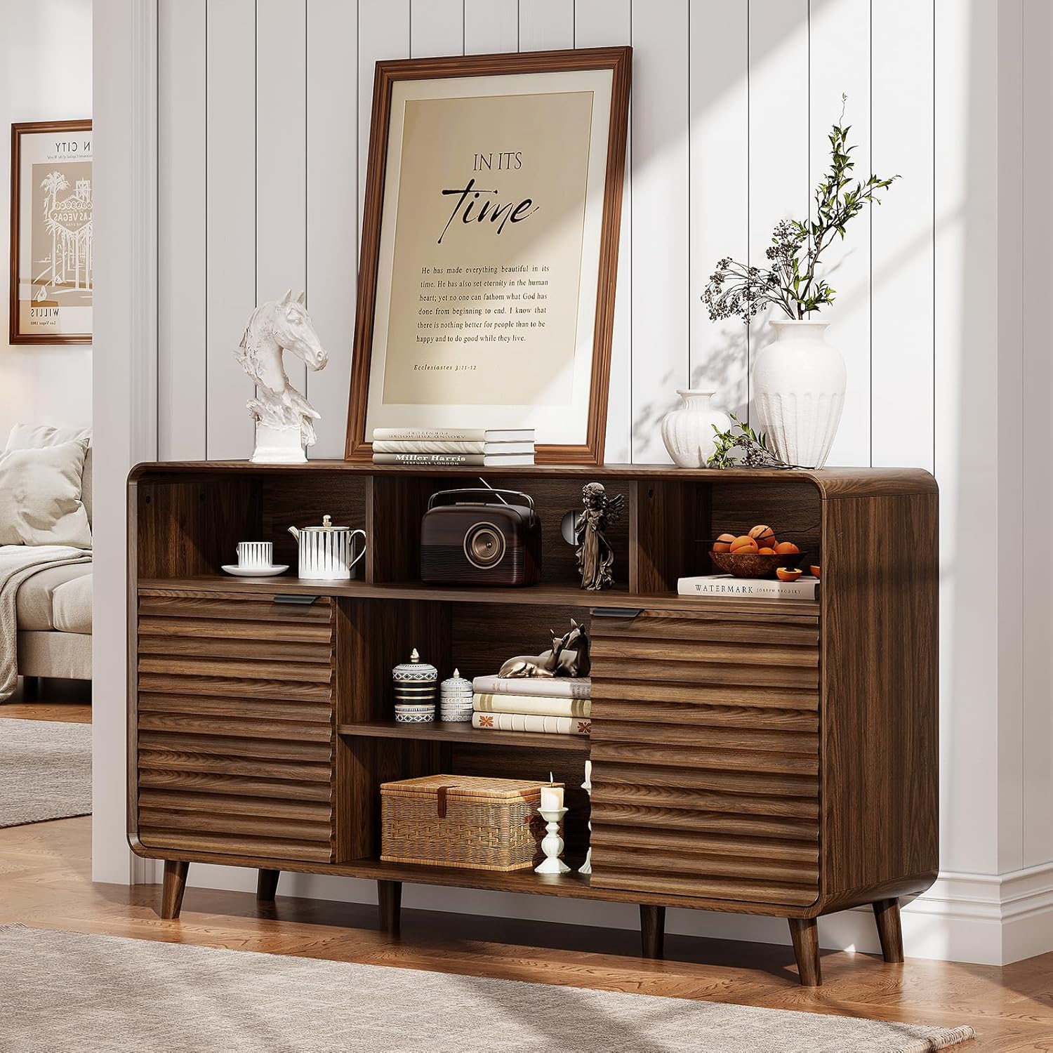 58 Inch Curved Sideboard Buffet Cabinet w/2 Wave Doors and Open Storage Spaces, Angled Side Frame, Sideboard Storage with Adjustable Shelves, Coffee Bar Cabinet for Kitchen, Living Room, Walnut