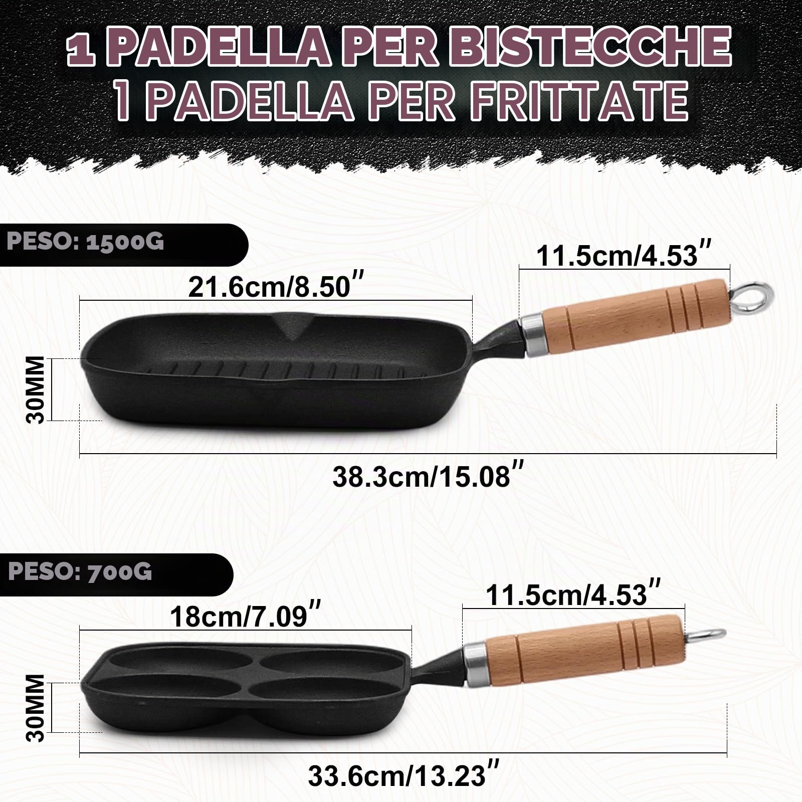 Set 2 Pezzi Padelle in Alluminio Pressofuso: Bistecchiera 23cm + Padella per Uova a 4 Fori, Rivestimento Antiaderente, Manico Removibile, Induzione e Forno