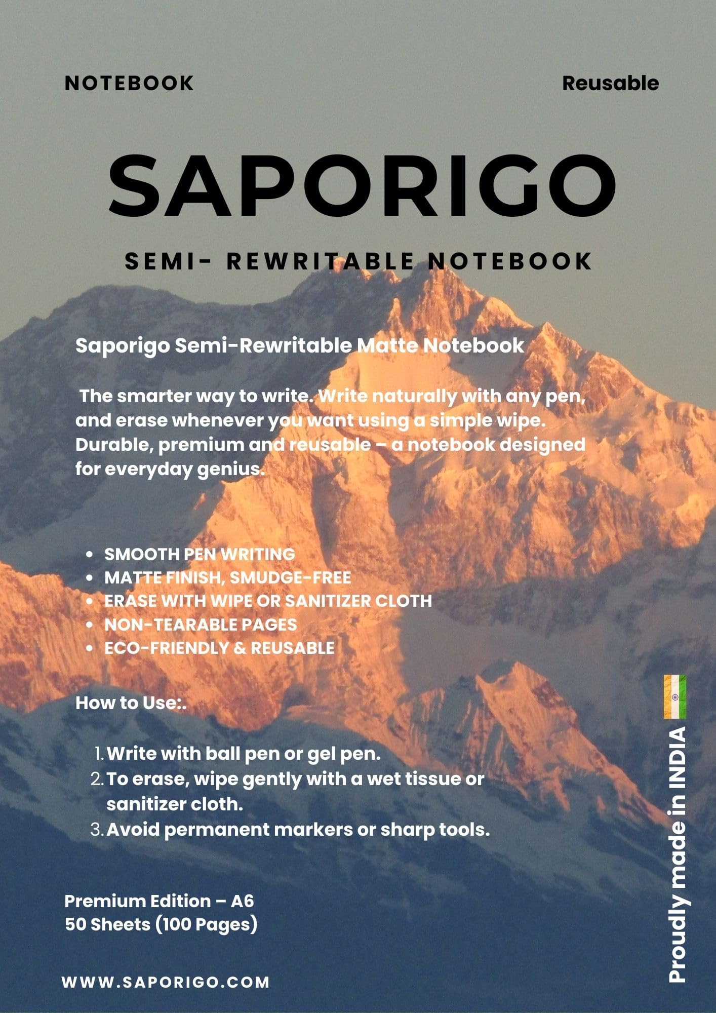 - Semi-Rewritable Notebook | Write with Any Ball Pen, Clean with Sanitizer Cloth & Reuse | Matte, Non-Tearable Reusable Pages | Eco-Friendly Study & Work Notebook (A6, 50 Sheets (100 Pages) | Ruled, A6)