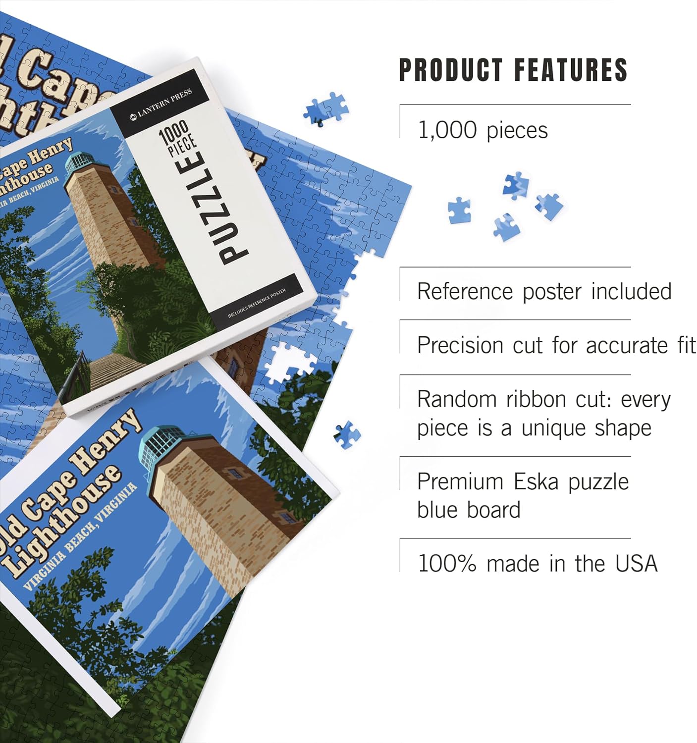 Lantern Press Virginia Beach, Virginia, Old Cape Henry Lighthouse 1000 Piece Jigsaw Puzzle for Adults, Made in USA with Reference Poster