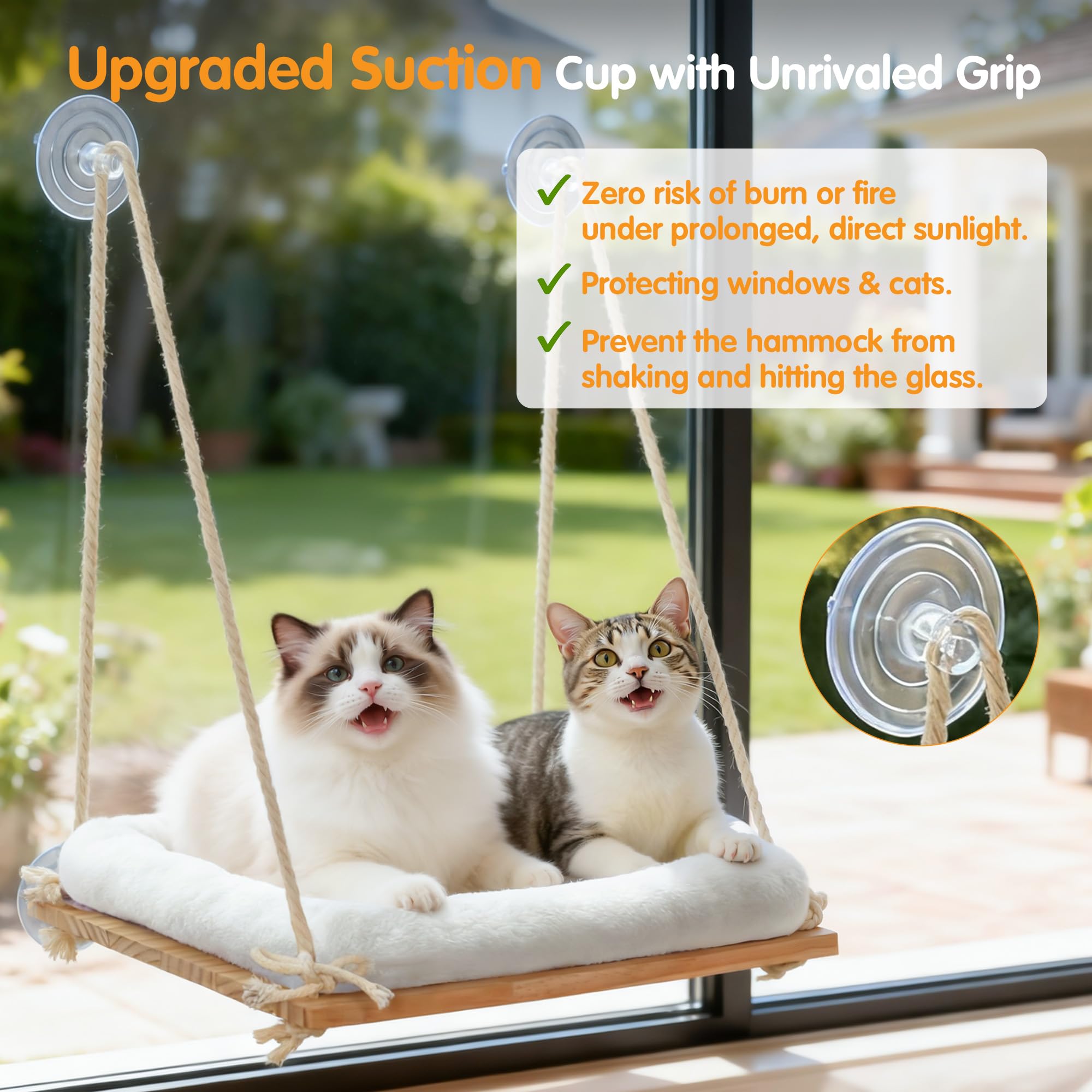Cat Window Perch, Rustic Cat Hammock Bed with Solid Wood Seat 4 Heavy Duty Suction Cups, Plush Cushion, Indoor Pet Window Hammock for Cats for Large Cats (XL) - image 3