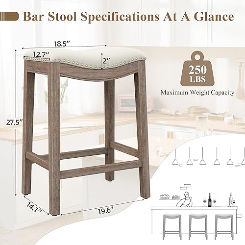 Miniatura 2 de ABET Juego de 4 sillas de bar con altura de mostrador, taburetes de bar de 27 pulgadas con patas de madera y reposapiés integrado, asiento de silla
