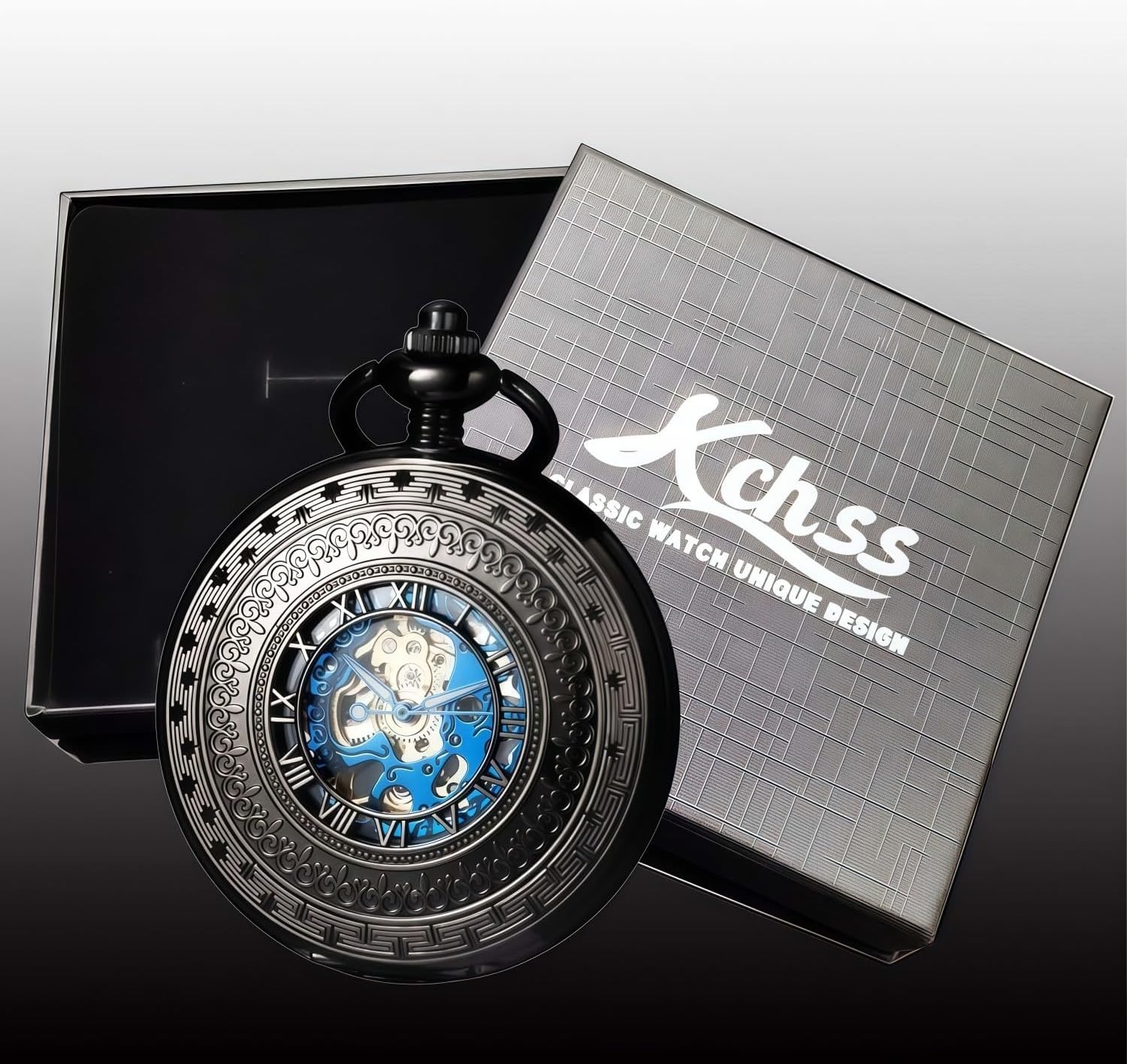 Steampunk Pocket Watch Skeleton Mechanical Gear Hand-Wind Roman Numerals Antique Chain Mens