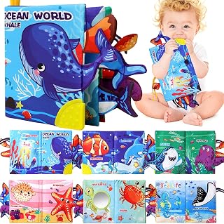 GCTZZ Touch & Feel Crinkle Cloth Baby Book - Sensory Teething Toy with Mirror, Sea Life Theme for 0-18 Months Infants, Tummy Time Fun