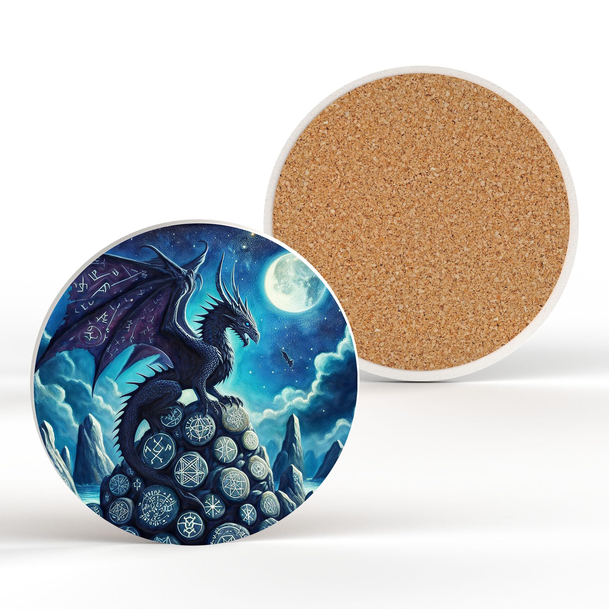 Prezents.com Blue Rune Stone Mountain Dragon Spiritual Artwork On Ceramic Round Coaster