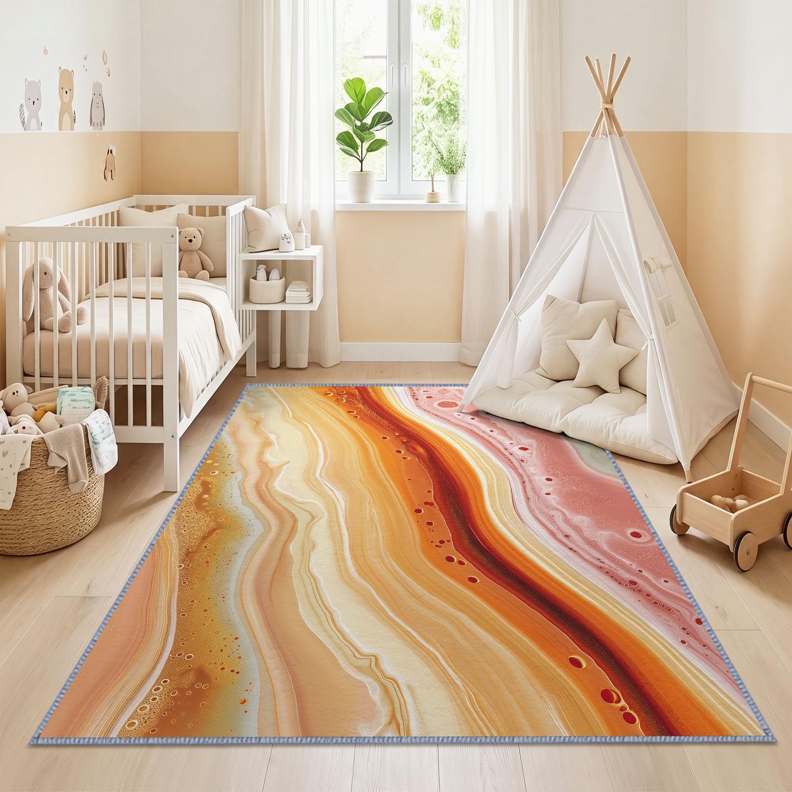 Tappeto marmo arancione per soggiorno, camera da letto, corridoi, salotto, arte fluida, moderno, antiscivolo, a pelo basso, non sbiadisce, morbido sotto i piedi, 200 x 300 cm