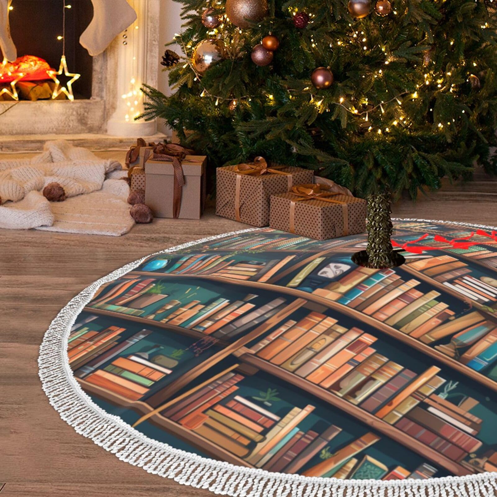 Jupe de sapin de Noël 122 cm avec pompons et motifs dessin animé pour décoration du Nouvel An