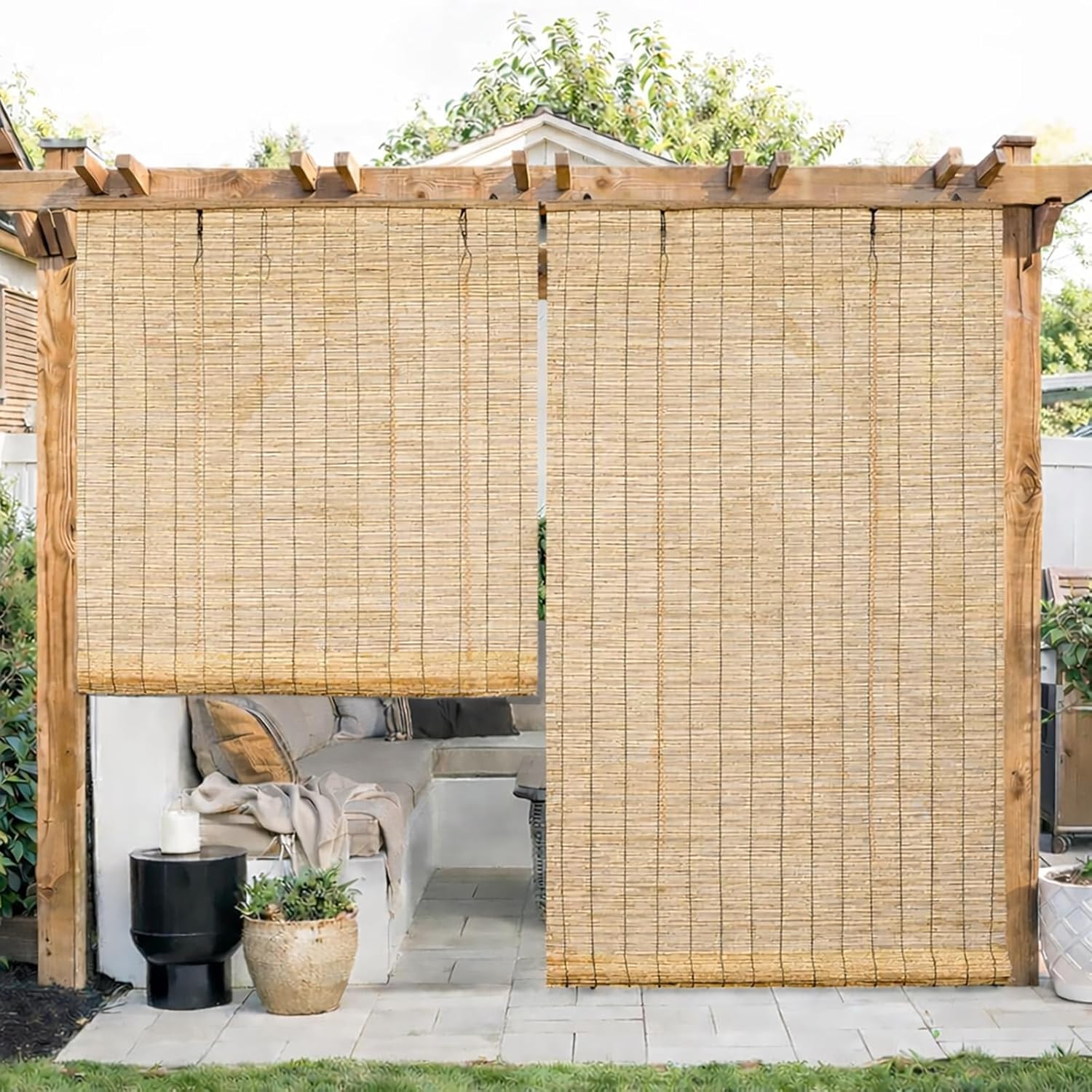 Bamboo Roller Blinds Outdoor Patio Light Filtering Bamboo Roll up Shades 24" 27" 36" 42" 48" 64" 78" 80" Reed Sun Shade for Large Window Porch Privacy Blind, Anti-UV/Waterproof(Natural,42" W x 84" H)