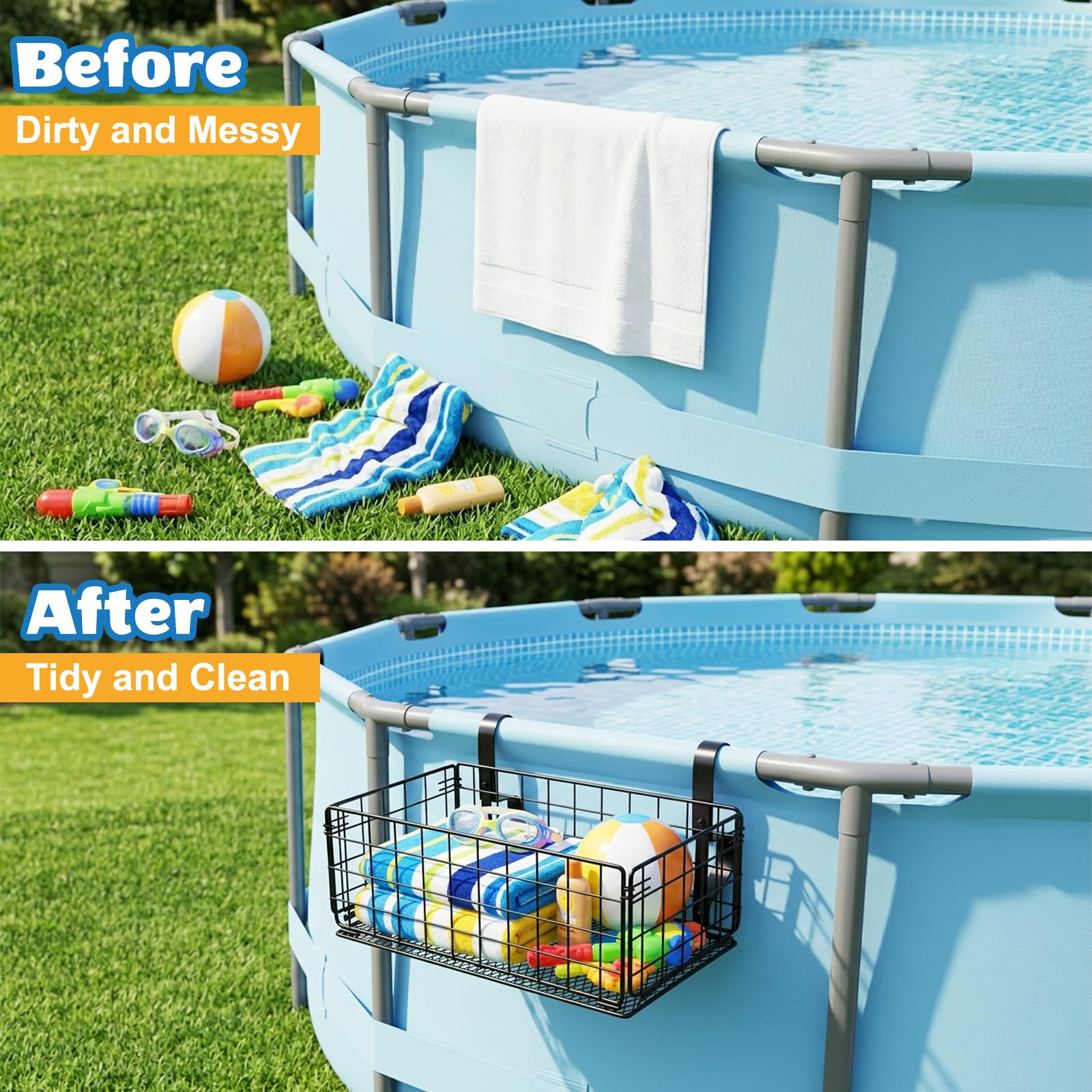 Panier de Rangement au Bord de la Piscine, Pliable Panier Rangement Piscine Hors Sol en Métal Motif Ajouré Accessoire de Piscine pour Les Jouets de Piscine, Les Serviettes, Les Boissons