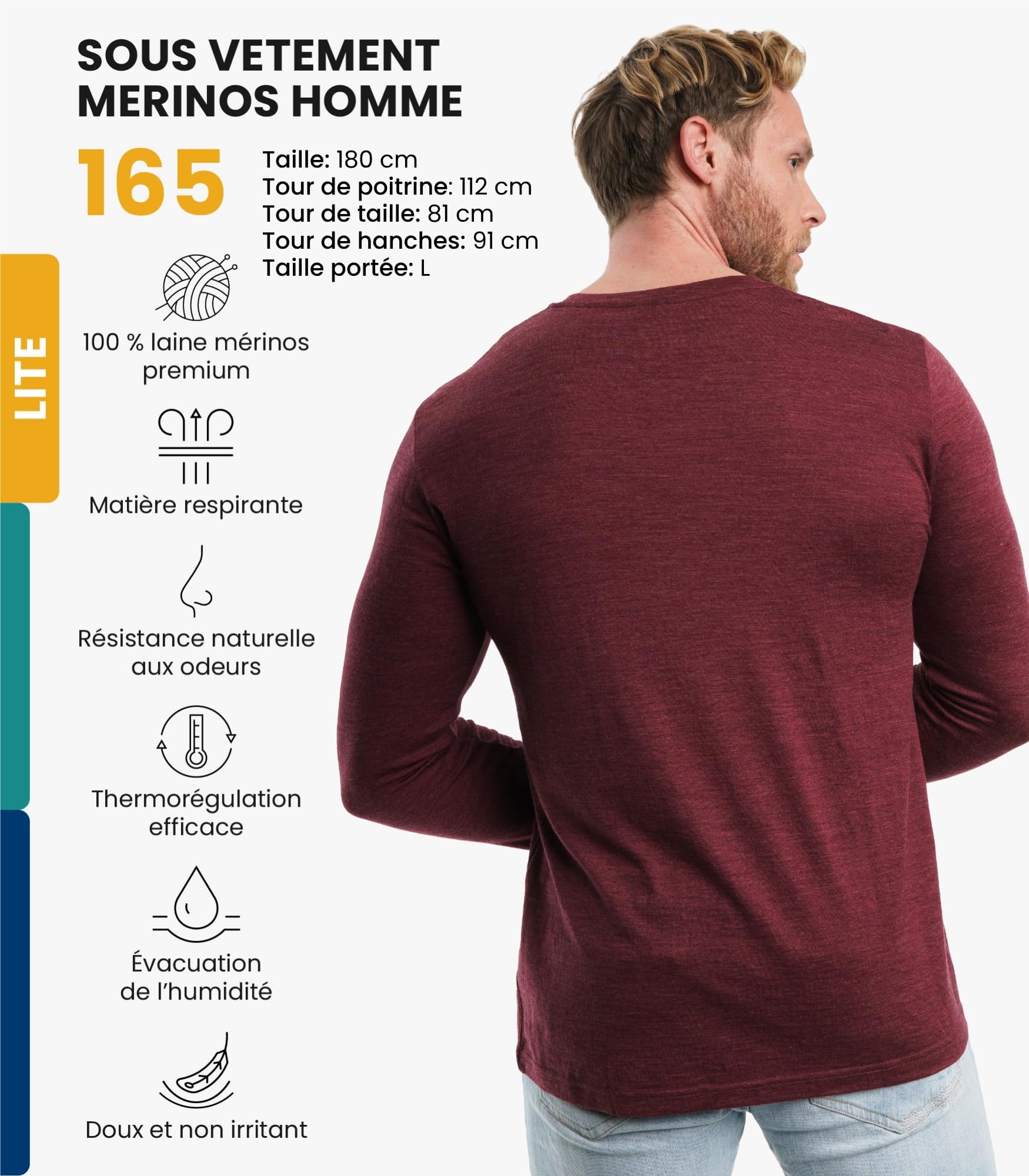 Merino.tech Chemise Homme Manches Longues 100% Merinos - sous Vetement Merinos Homme Lourd, Moyen, Léger avec Chaussettes - 2