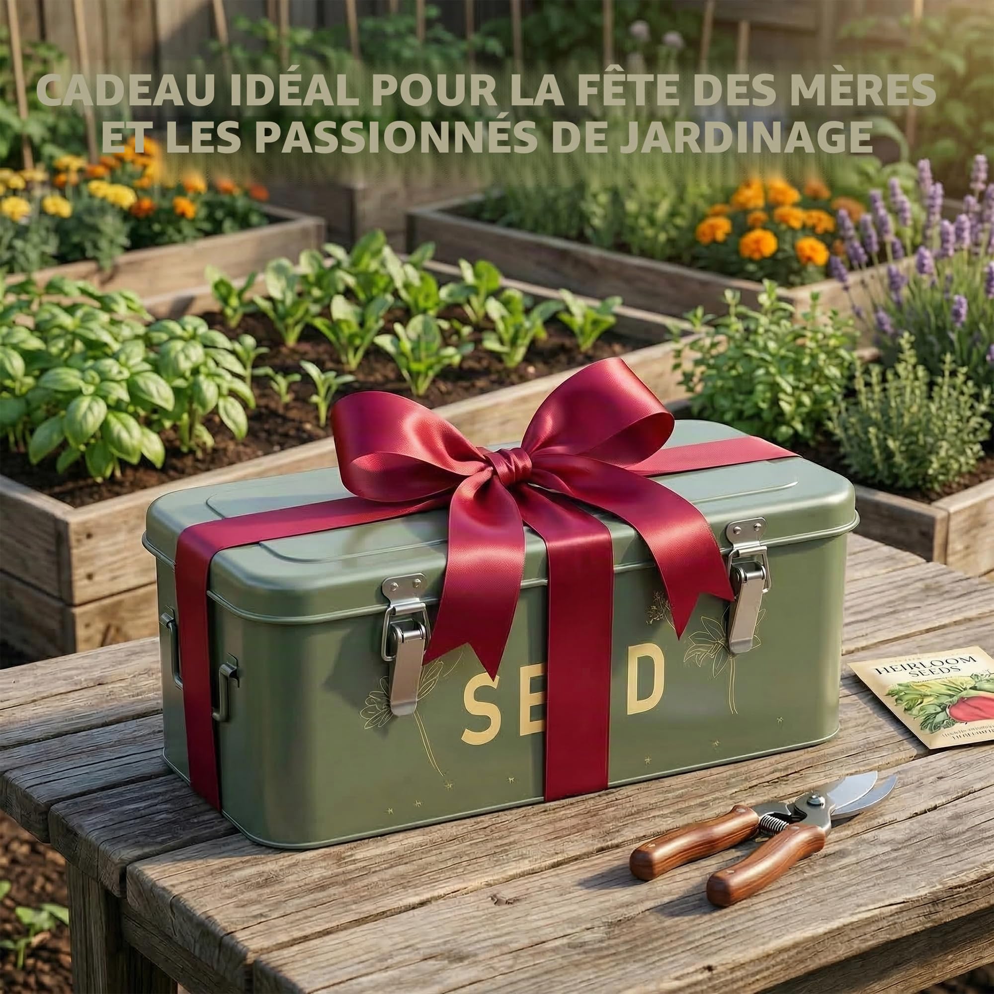 Orionstar Organiseur de graines en métal avec couvercle, bac à graines avec 30 étiquettes pour plantes, 30 enveloppes de graines, 1 marqueur, boîte à 4 compartiments avec verrous de sécurité, vert