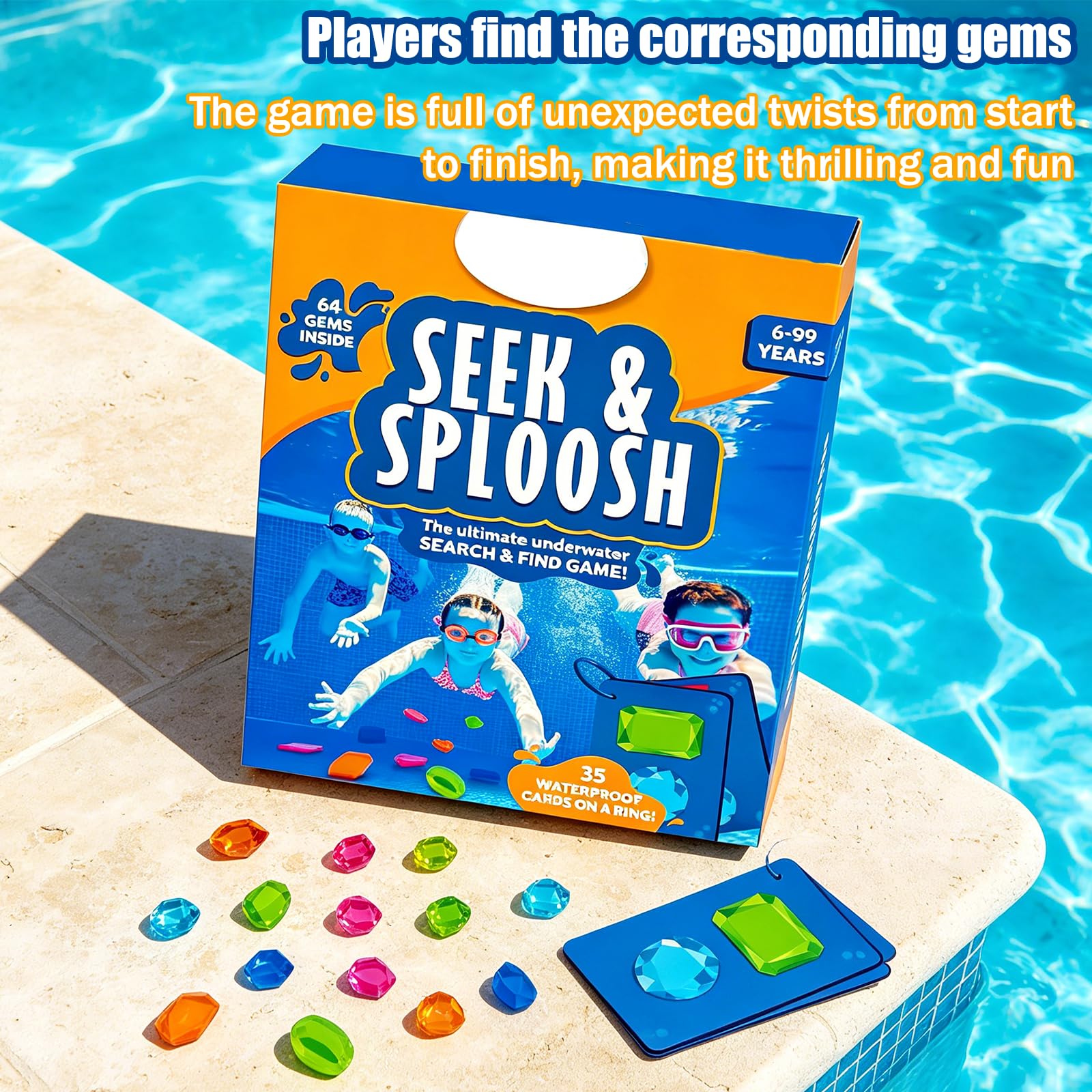 Sommer Wasserspielzeug, Pool Spielzeug für Kinder, Unterwasser Suchspiel mit 64 Edelsteinen & 35 Wasserdichten Karten, Tauchspielzeugfür Kinder, Poolspielzeug Set，3