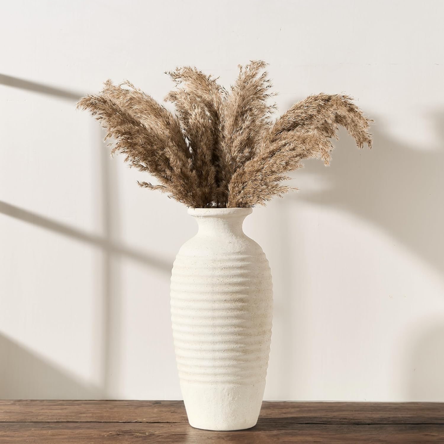 Ceramic Natural Rustic Vase, 14.4 Inch Large Vintage Flower Threaded Decorative Farmhouse Tall Vase for Home Decor, Living Room, Shelf Decor, Wedding, Housewarming Gift, Off-White Off-white 14.4"