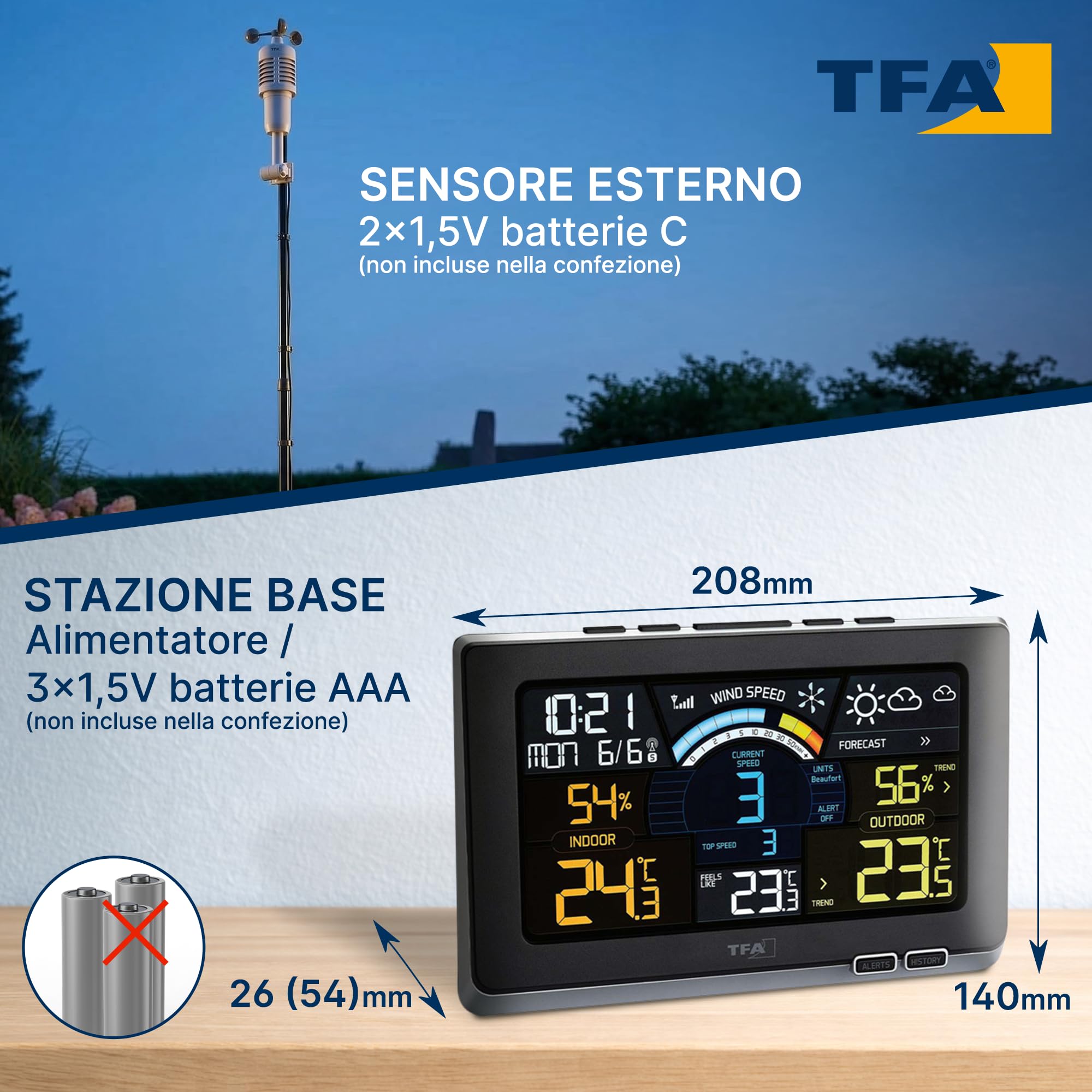 TFA Dostmann stazione meteo con sensore esterno radio SPRING BREEZE, 35.1140.01, con display a colori, previsioni meteo con limiti/simboli di allarme, con sensore esterno, nero