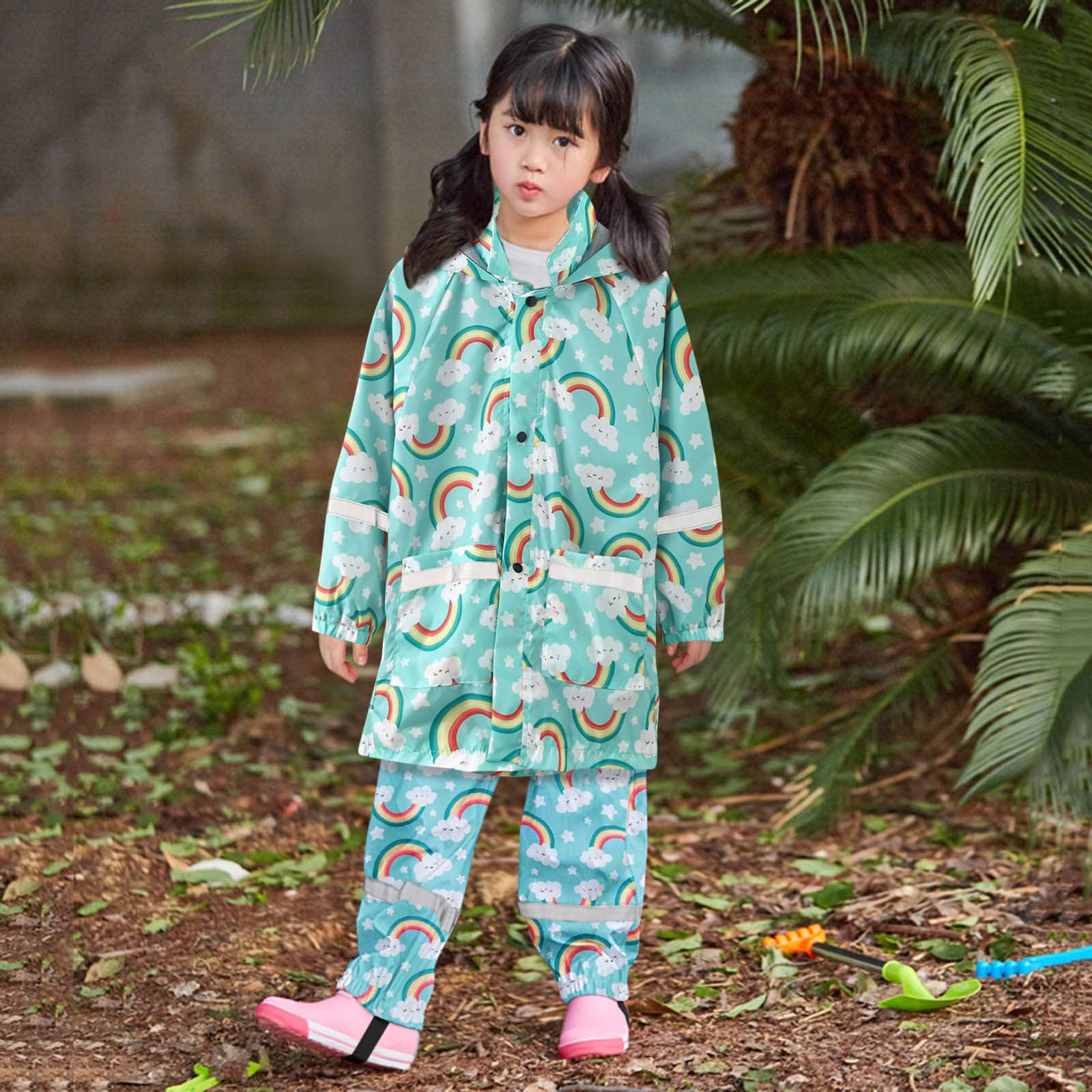 Boys Girls Rain Suit Water-Proof Rain Coat Rain Jacket and Pants Toddler Outfits Kids Hoodie (Light Blue, 10-11 Years)