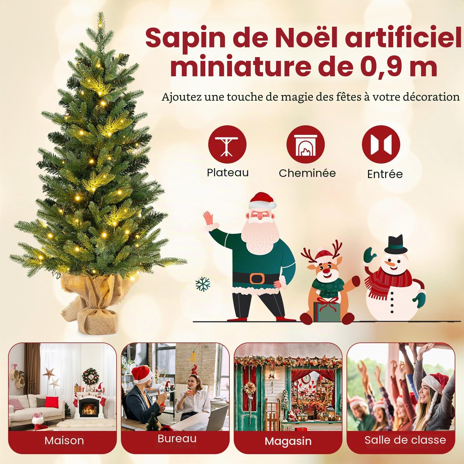 FANTASK Mini Sapin de Noël avec éclairage, Petit Sapin de Noël Artificiel, Sapin de Noël avec 50 lumières LED Blanches Chaudes et minuterie, Sapin de Table pour décoration de Noël, 90 cm