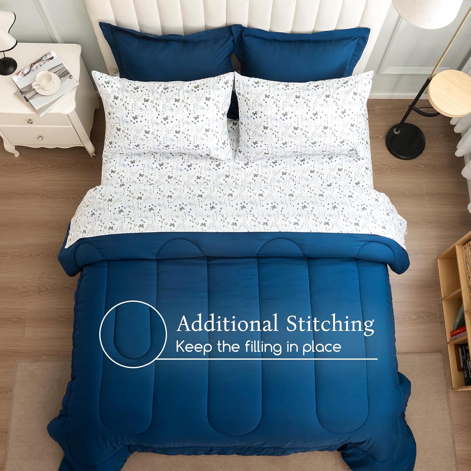 ARTALL Twin Bed in a Bag 5 Pieces, Navy Blue Solid Comforter with Ink Wash Butterfly Floral Sheet Set, Soft Reversible Bedding Sets with Comforter, Sheets, Pillowcase & Sham for All Seasons