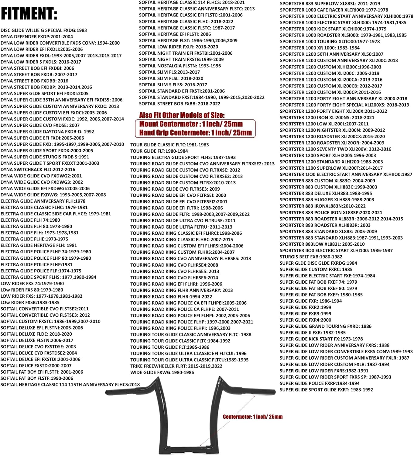 1 1/4" Black Ape Hanger Handlebar Compatible for Harley 883 1200 Sportster XL Softail FLST FXST Dyna, Road King 1994-2023, Road Glide 1998-2013 Motorcycle 12 inch Rise