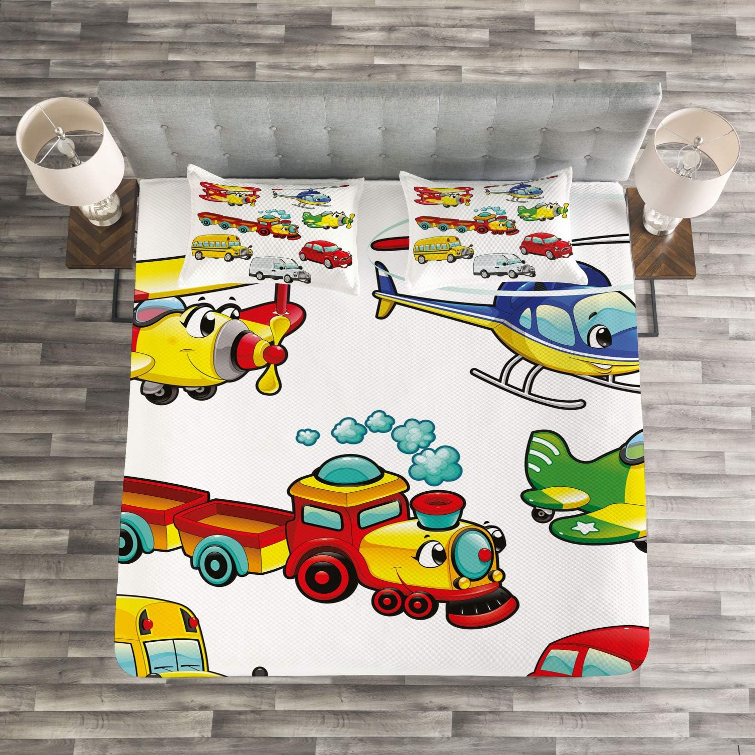 Review Lunarable Cartoon Bedspread, Toys Style Vehicles Car Train Plane Bike Bus Truck Caricature Concept, Decorative Quilted 3 Piece Coverlet Set with 2 Pillow Shams, Queen Size, Yellow Red