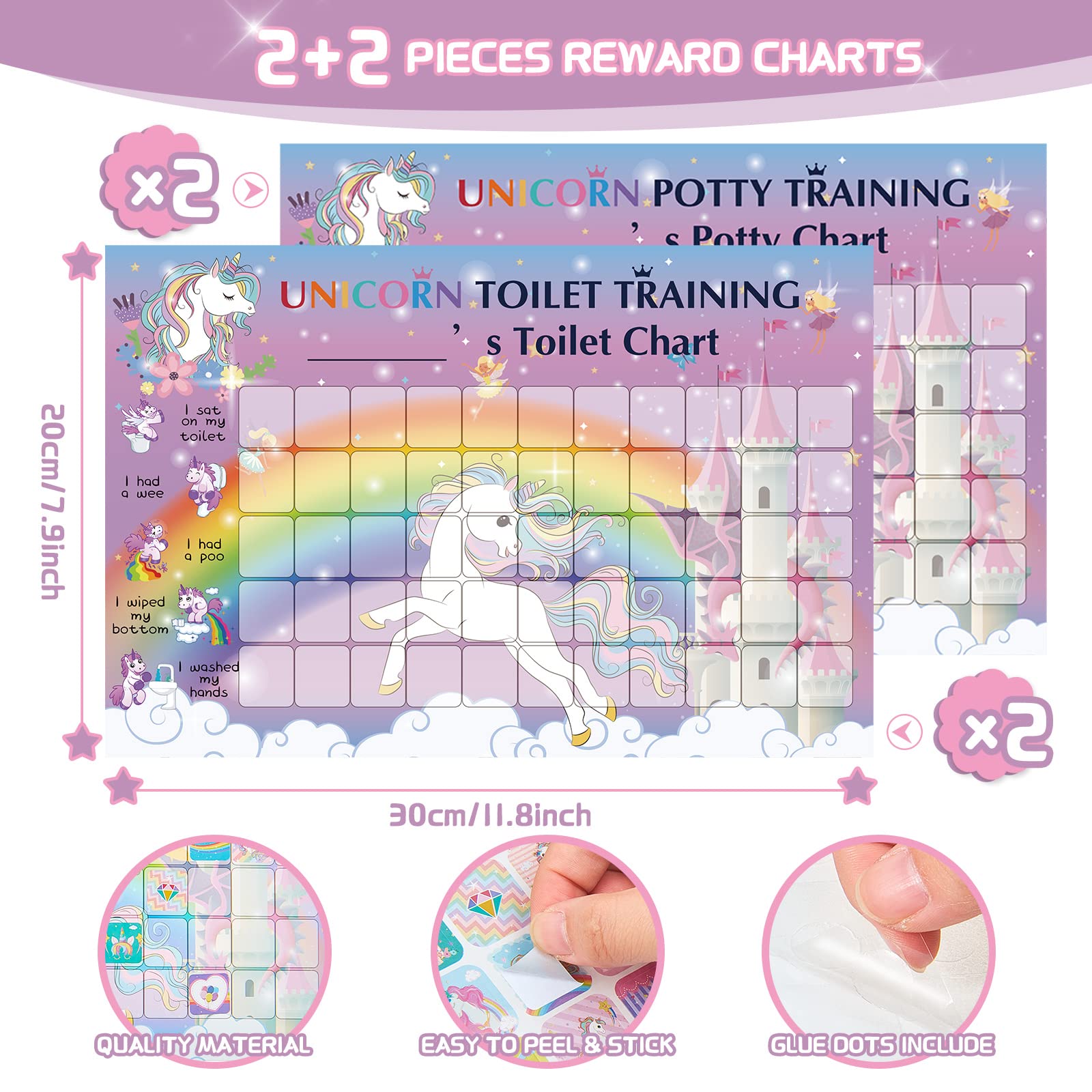 8 Pieces Unicorn Reward Chart with Stickers Includes 4 Pieces Unicorn Potty Training Charts, 4 Sheets/ 240 Pieces Reward Chart Reusable Rainbow Stickers for Little One's Behavior Training - Image 2