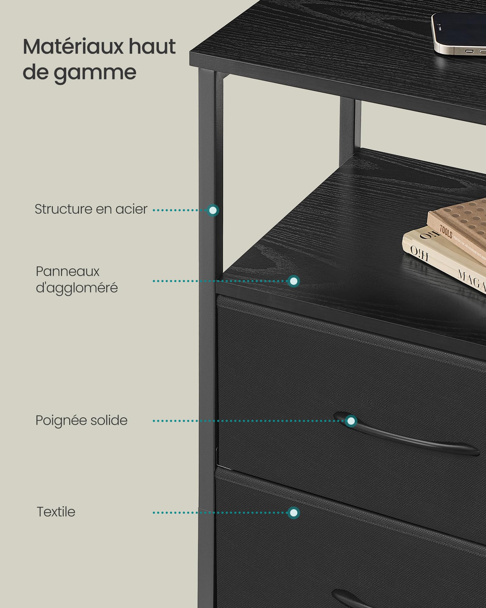 SONGMICS Table de Chevet avec Multiprise, Table d'Appoint avec Éclairage LED Réglable, Style Moderne, 1 Étagère Ouverte et 3 Tiroirs, Noir d'encre et Noir boisé, BELLAH Collection LGS303BH02