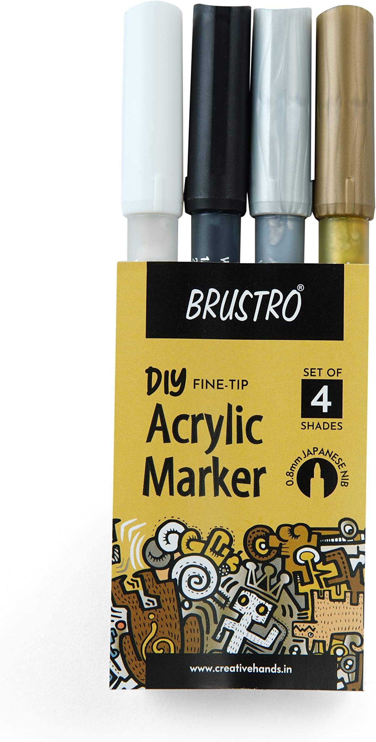 BRUSTROAcrylic (DIY) Fine Tip Marker Set of 4 - Gold, Silver, Black, White - 0.8MM |Water-Resistant,Matte Finish,UV Resistant,Non-Toxic Colours|Ideal for Craftworks,School, Works on Glass & Plastic